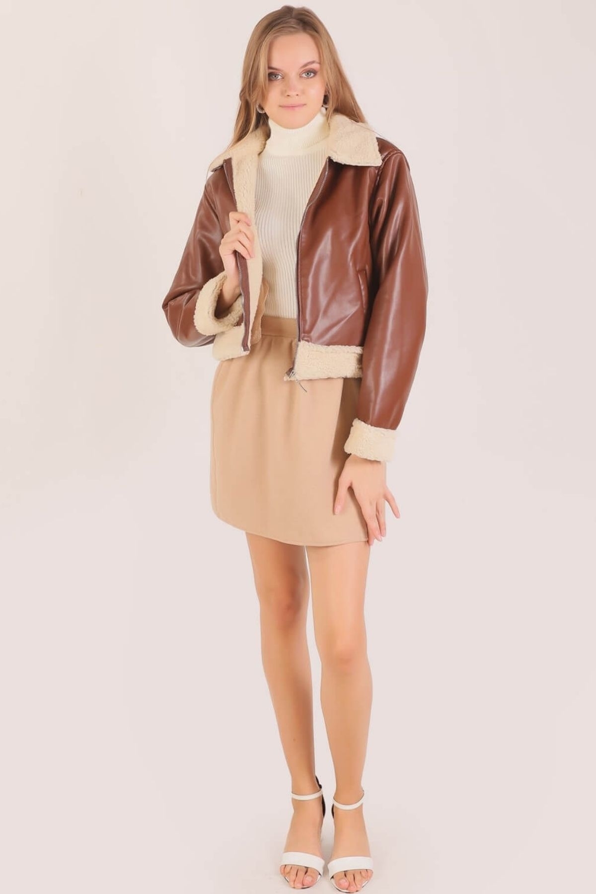 Kahve Yaka Kol Kürklü Deri Ceket 8684 - 3