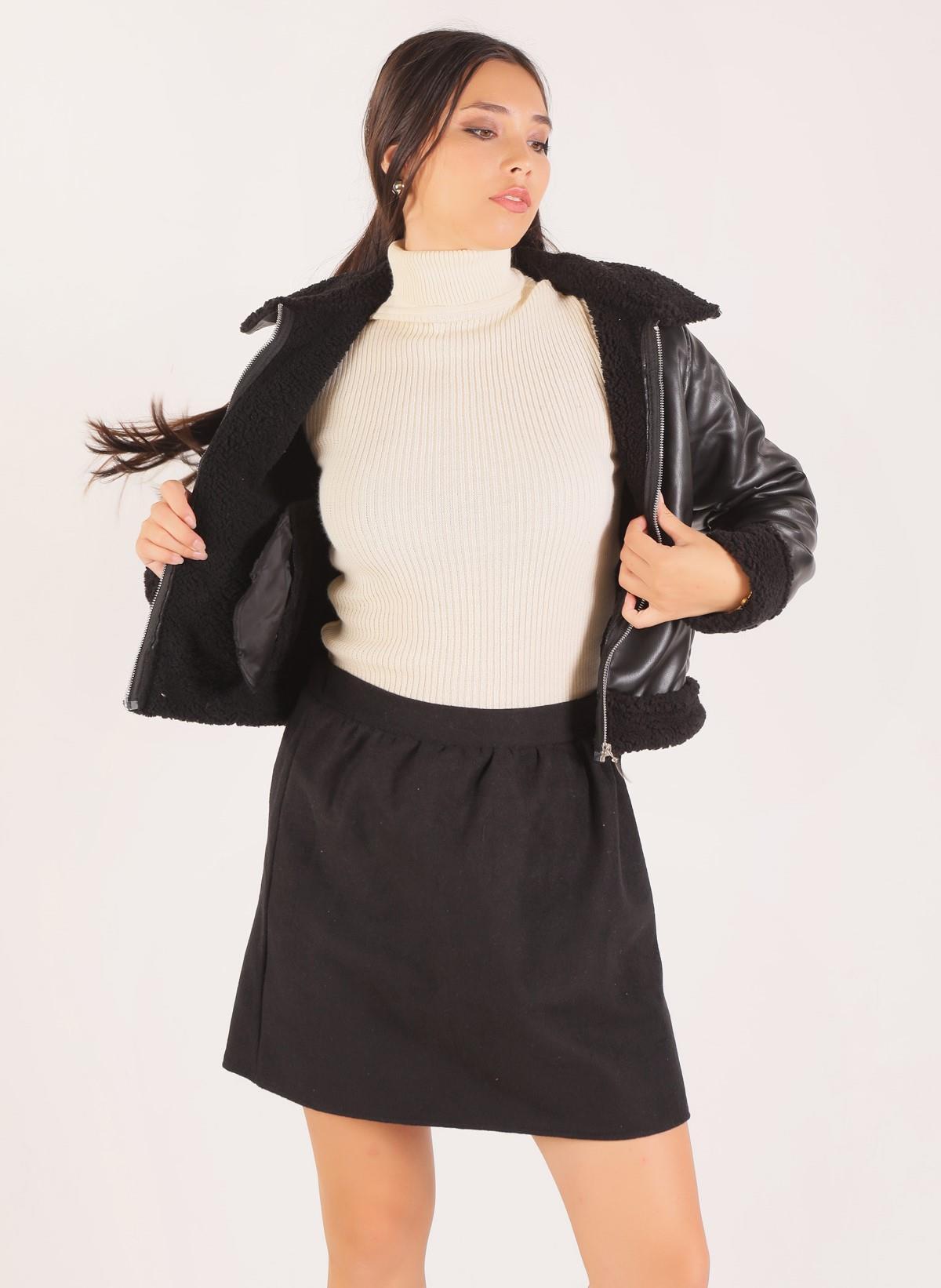 8684 Yaka Kol Kürklü Deri Ceket Siyah - 3