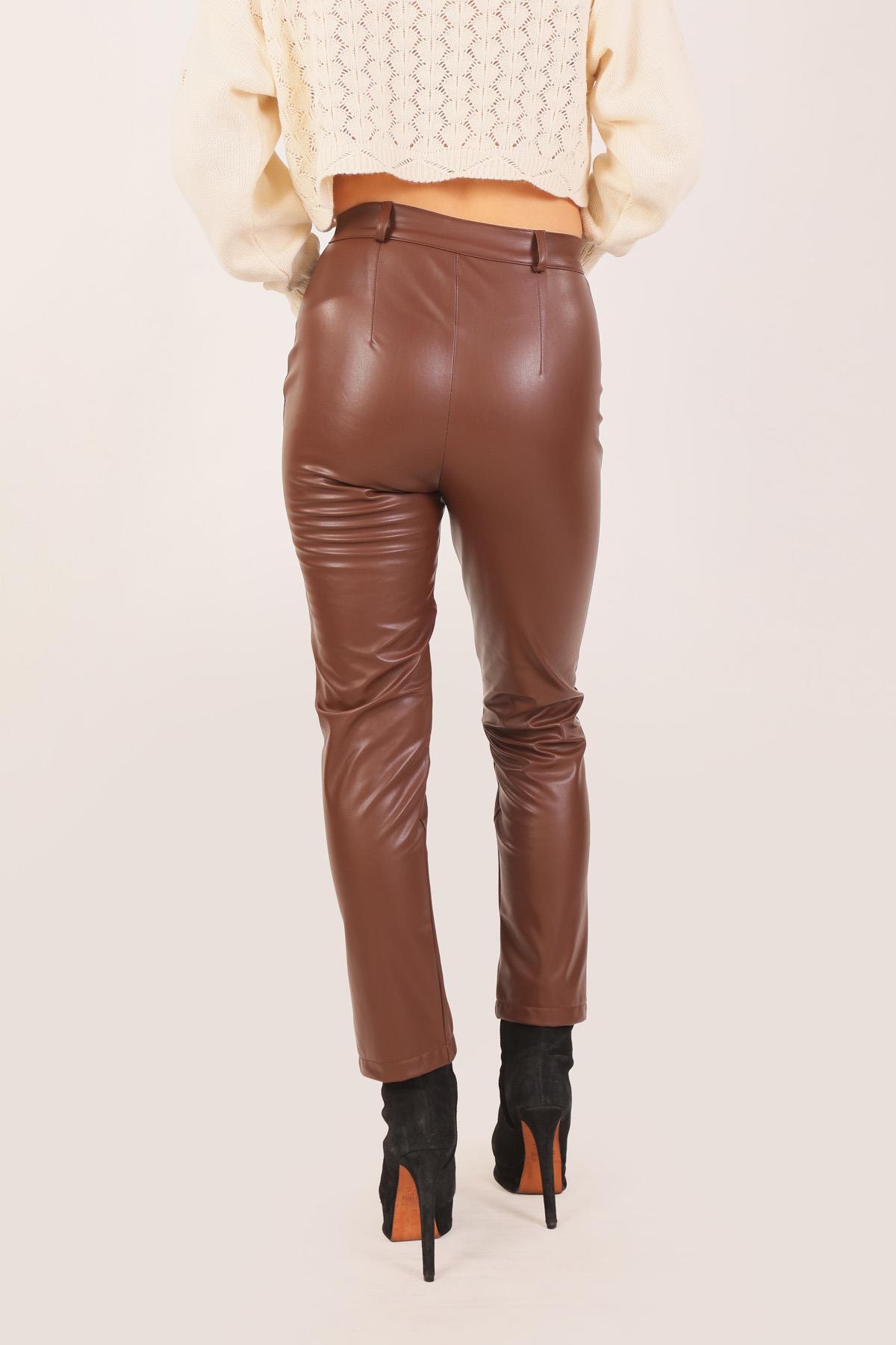 Kahve Paça Yırtmaçlı Deri Pantolon 8749 - 3