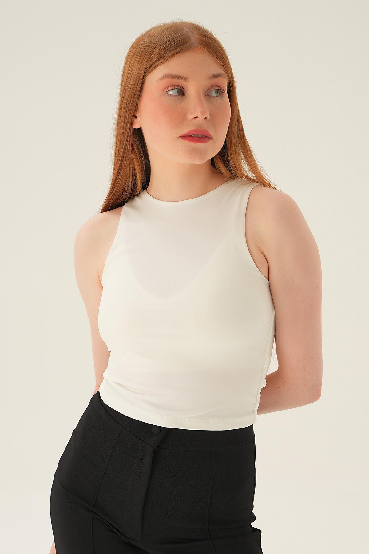 Beyaz Bisiklet Yaka Bluz 8867 