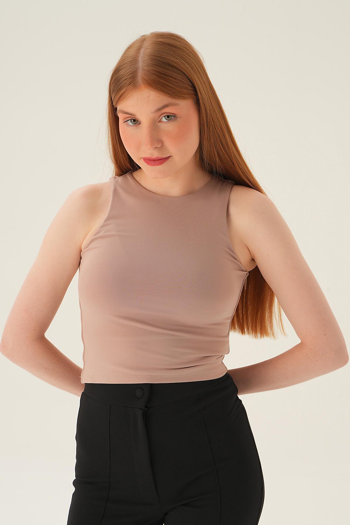 8867 Bisiklet Yaka Bluz Vizon - 2