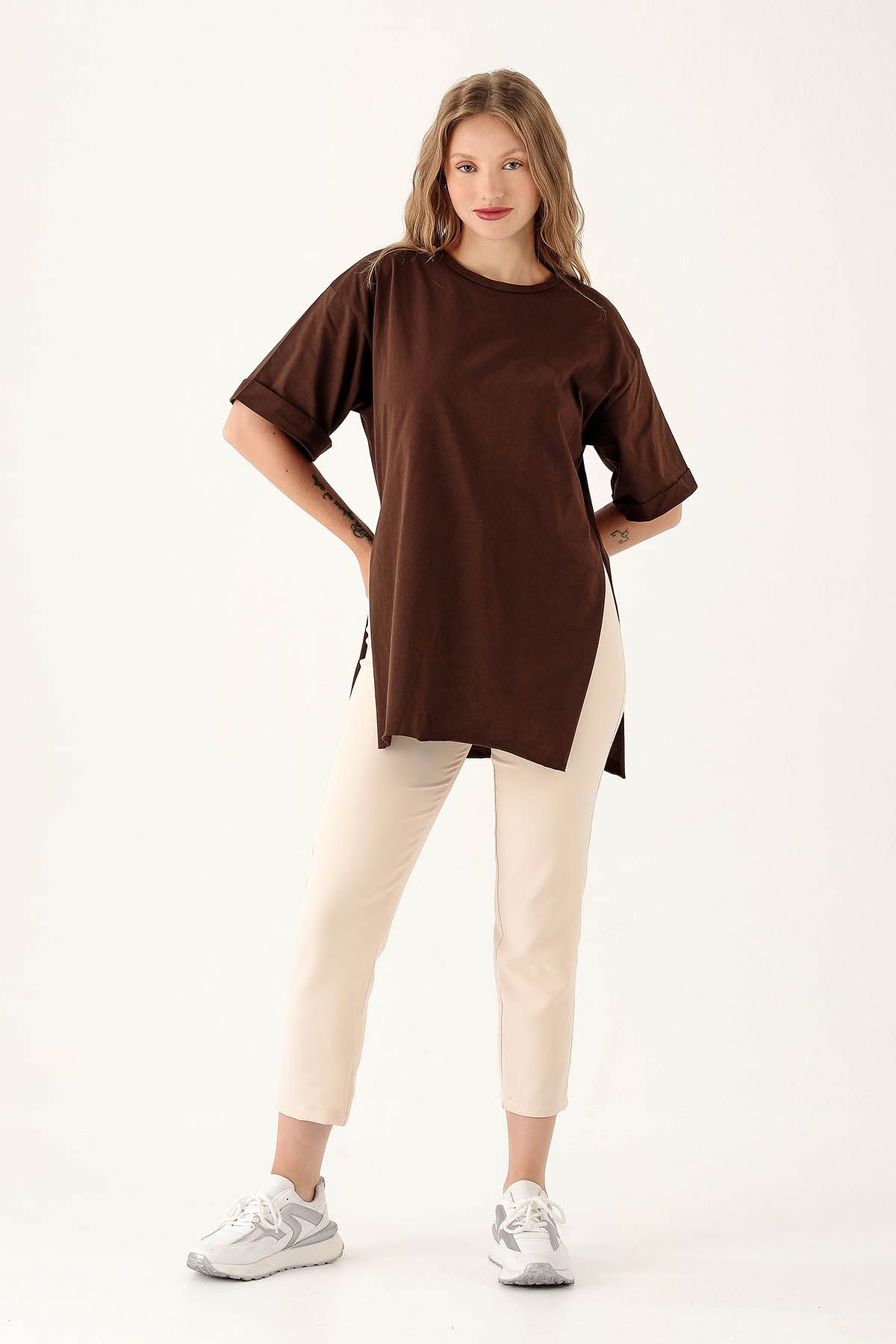 9000M Yan Yırtmaç Dubble Kol Tişört Acı Kahve - 3