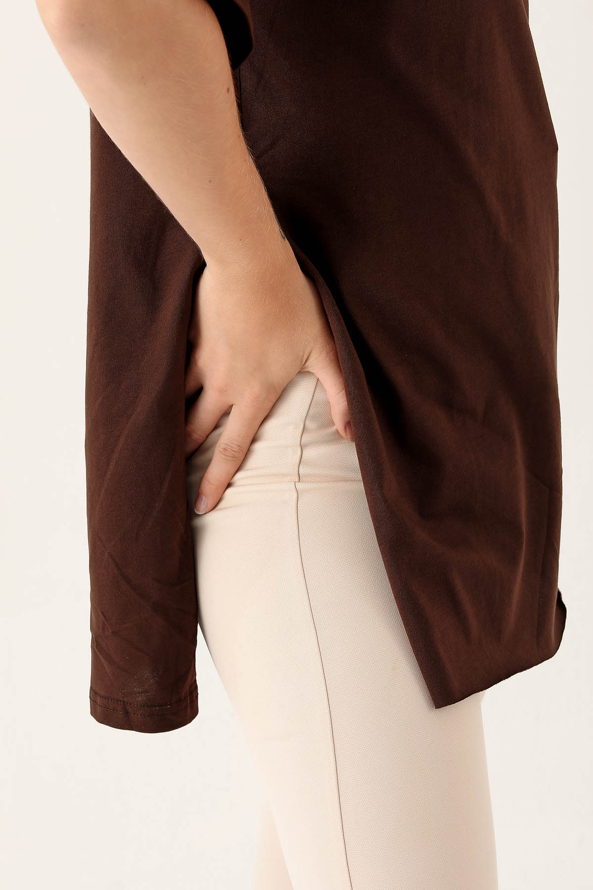 9000M Yan Yırtmaç Dubble Kol Tişört Acı Kahve - 6