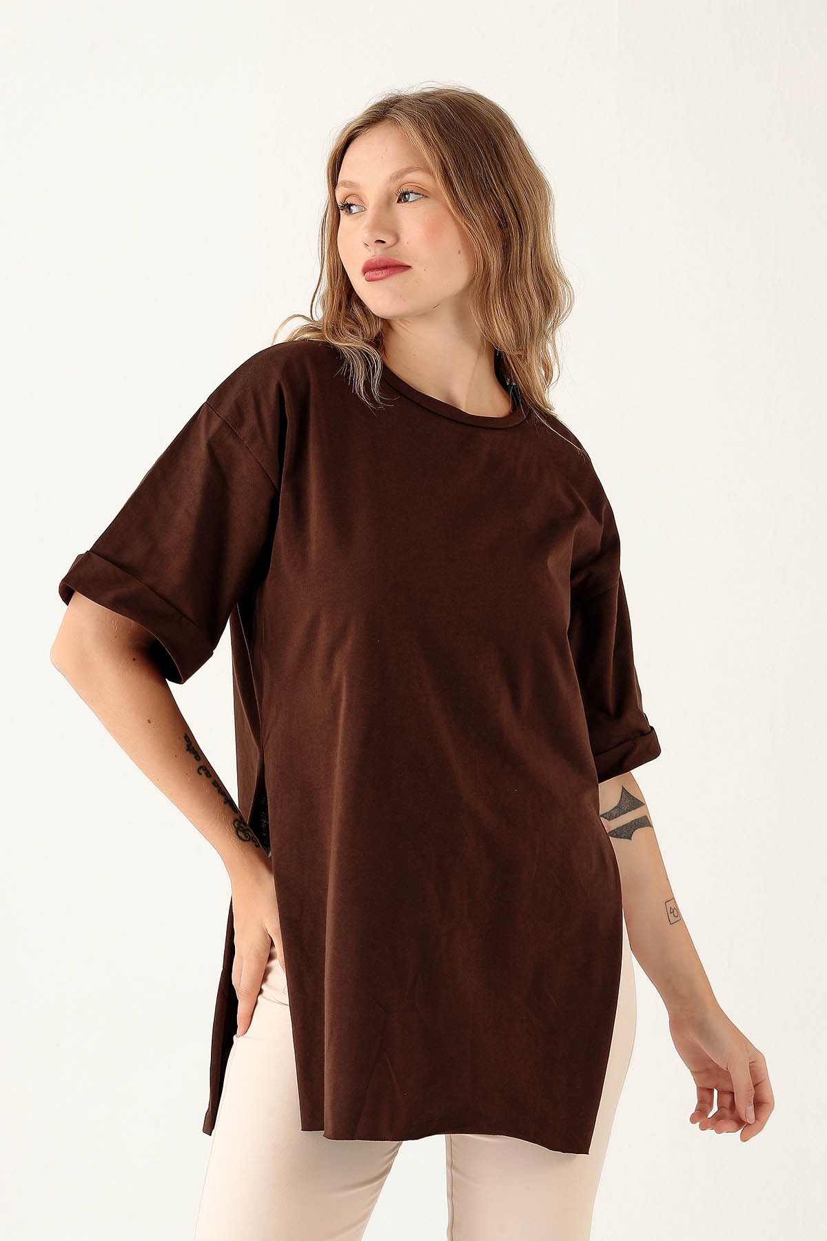 Acı Kahve Yan Yırtmaç Dubble Kol Tişört 9000M - 2