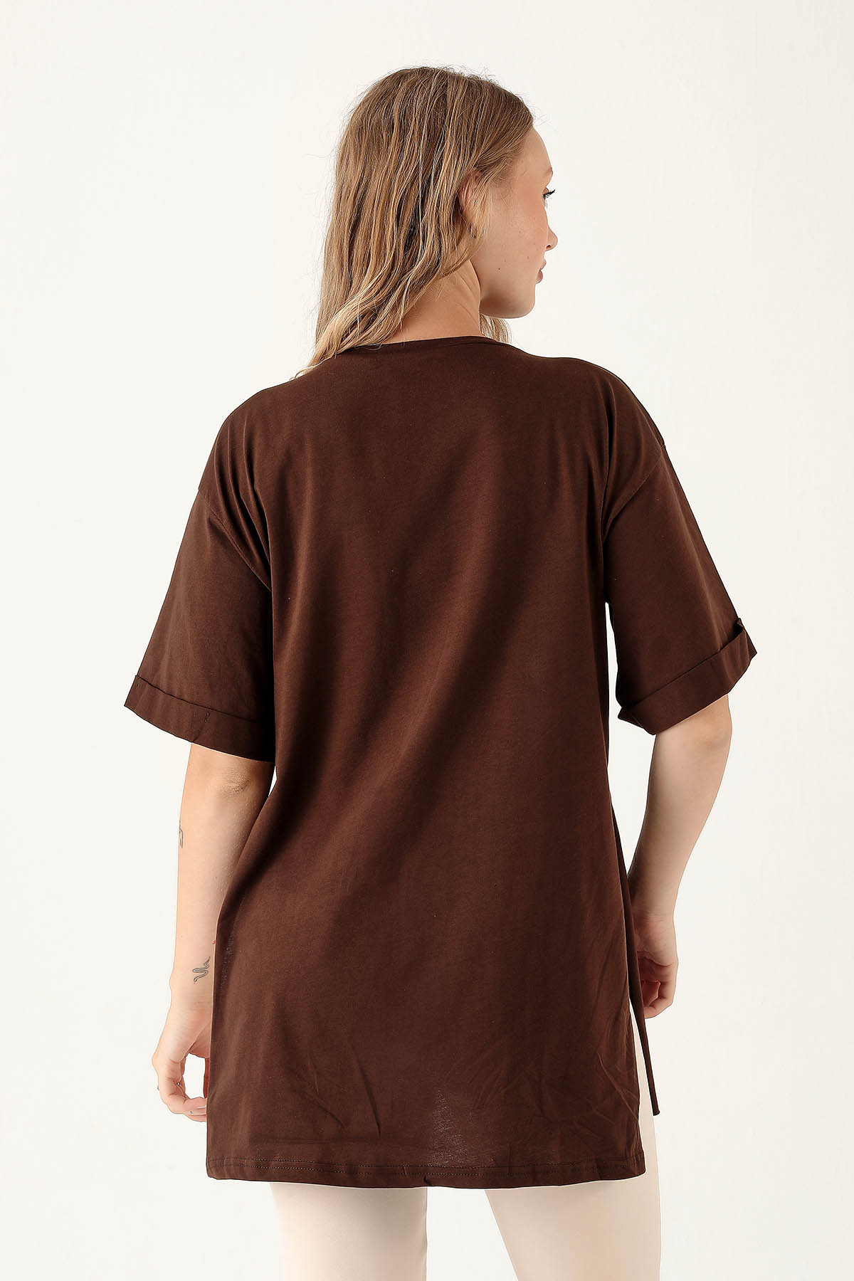 Acı Kahve Yan Yırtmaç Dubble Kol Tişört 9000M - 5