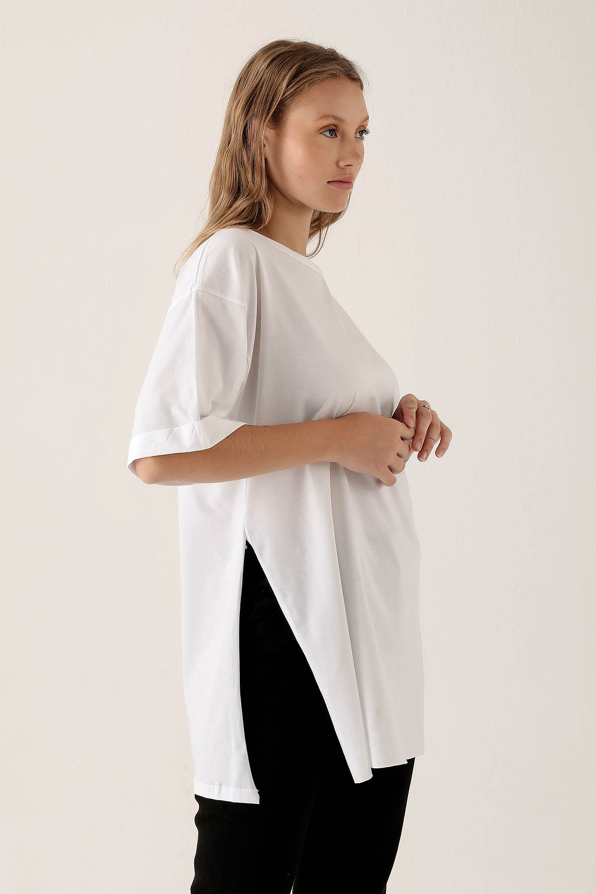 9000M Yan Yırtmaç Dubble Kol Tişört Beyaz - 2