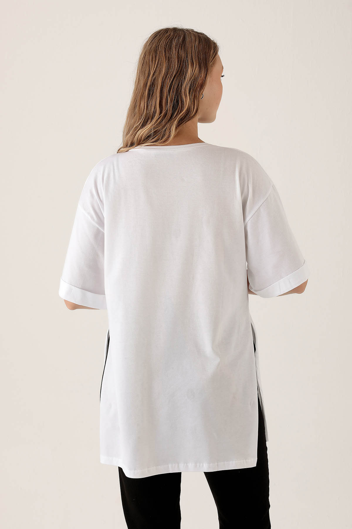 9000M Yan Yırtmaç Dubble Kol Tişört Beyaz - 5