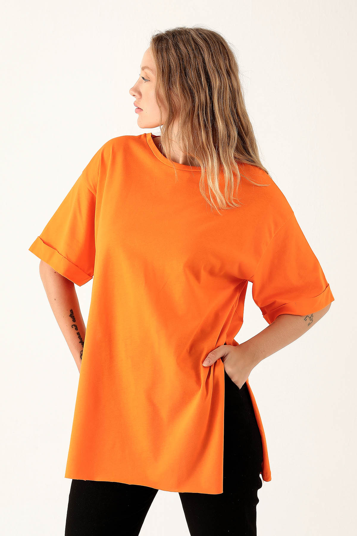 9000M Yan Yırtmaç Dubble Kol Tişört Orange - 2