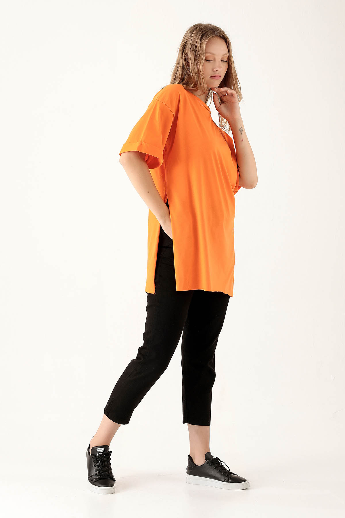 9000M Yan Yırtmaç Dubble Kol Tişört Orange - 4