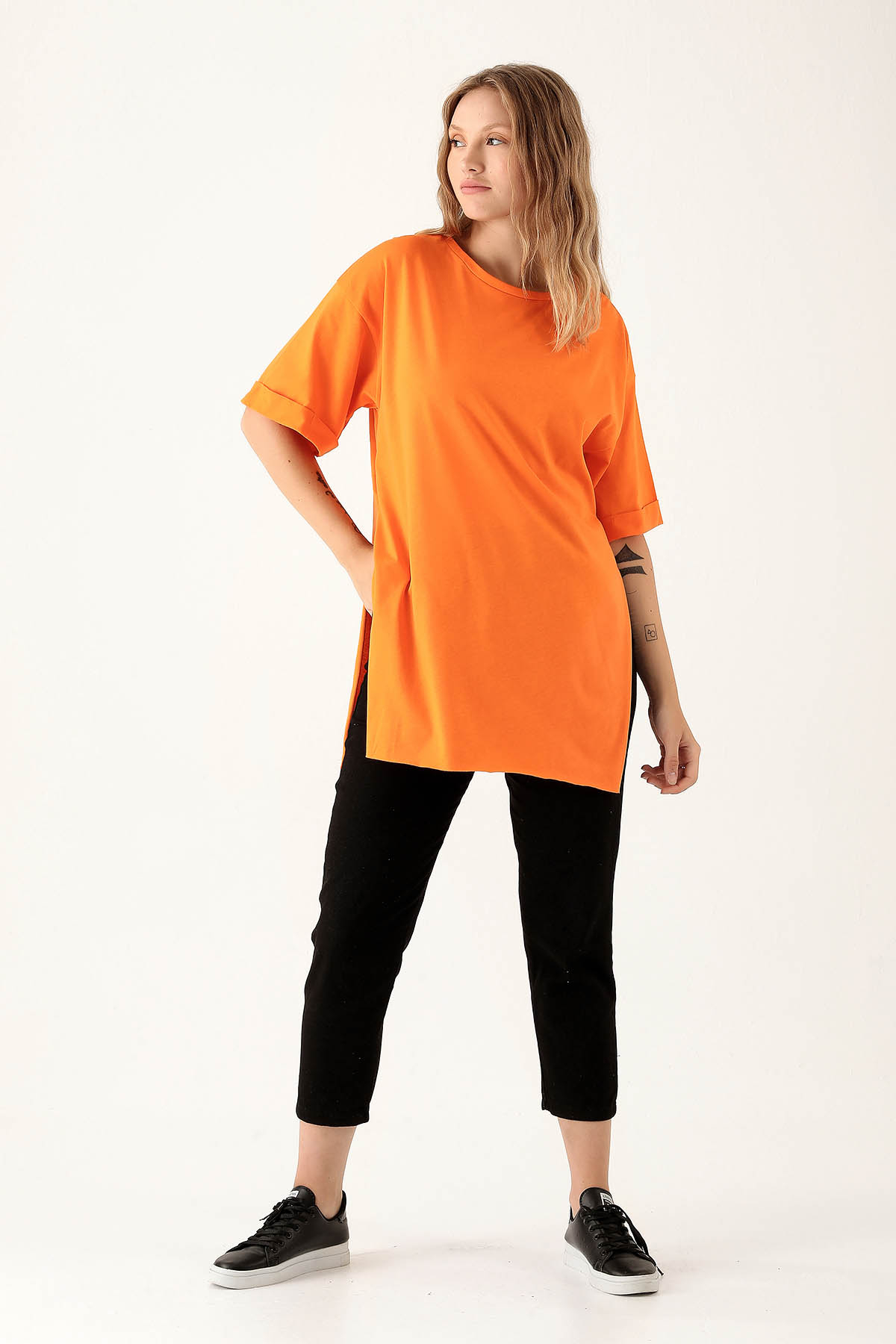 9000M Yan Yırtmaç Dubble Kol Tişört Orange - 3