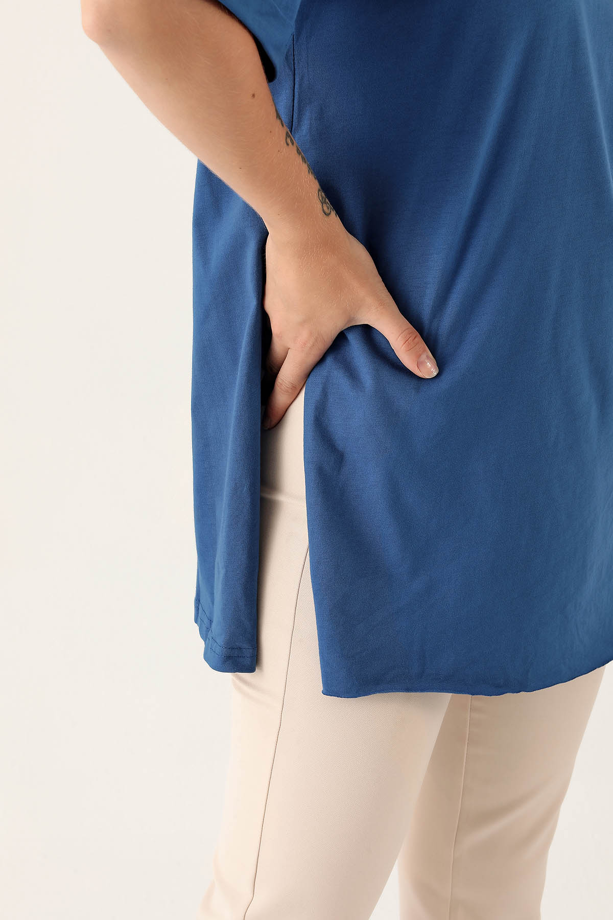 9000M Yan Yırtmaç Dubble Kol Tişört Saks - 6