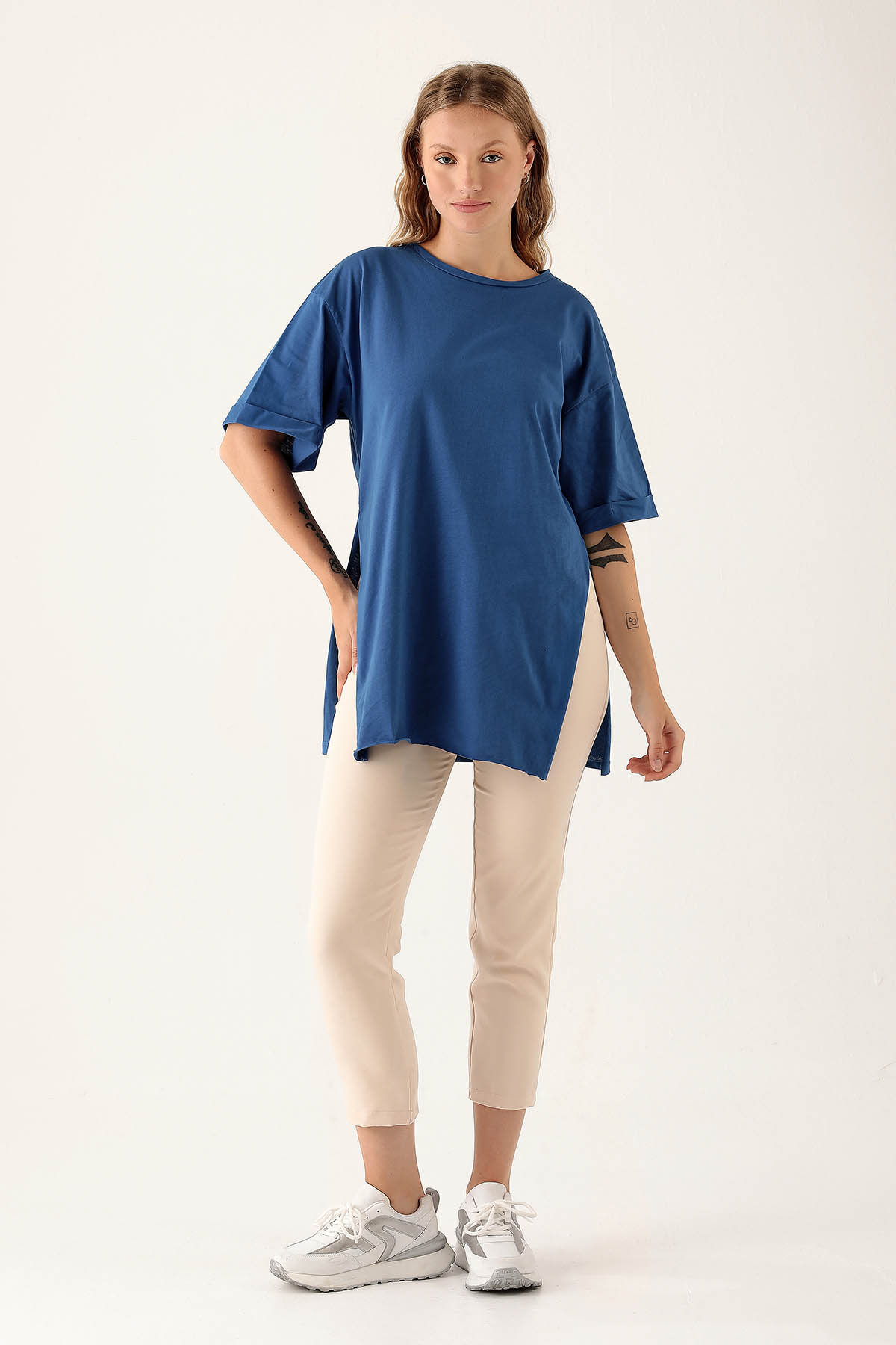 9000M Yan Yırtmaç Dubble Kol Tişört Saks - 4