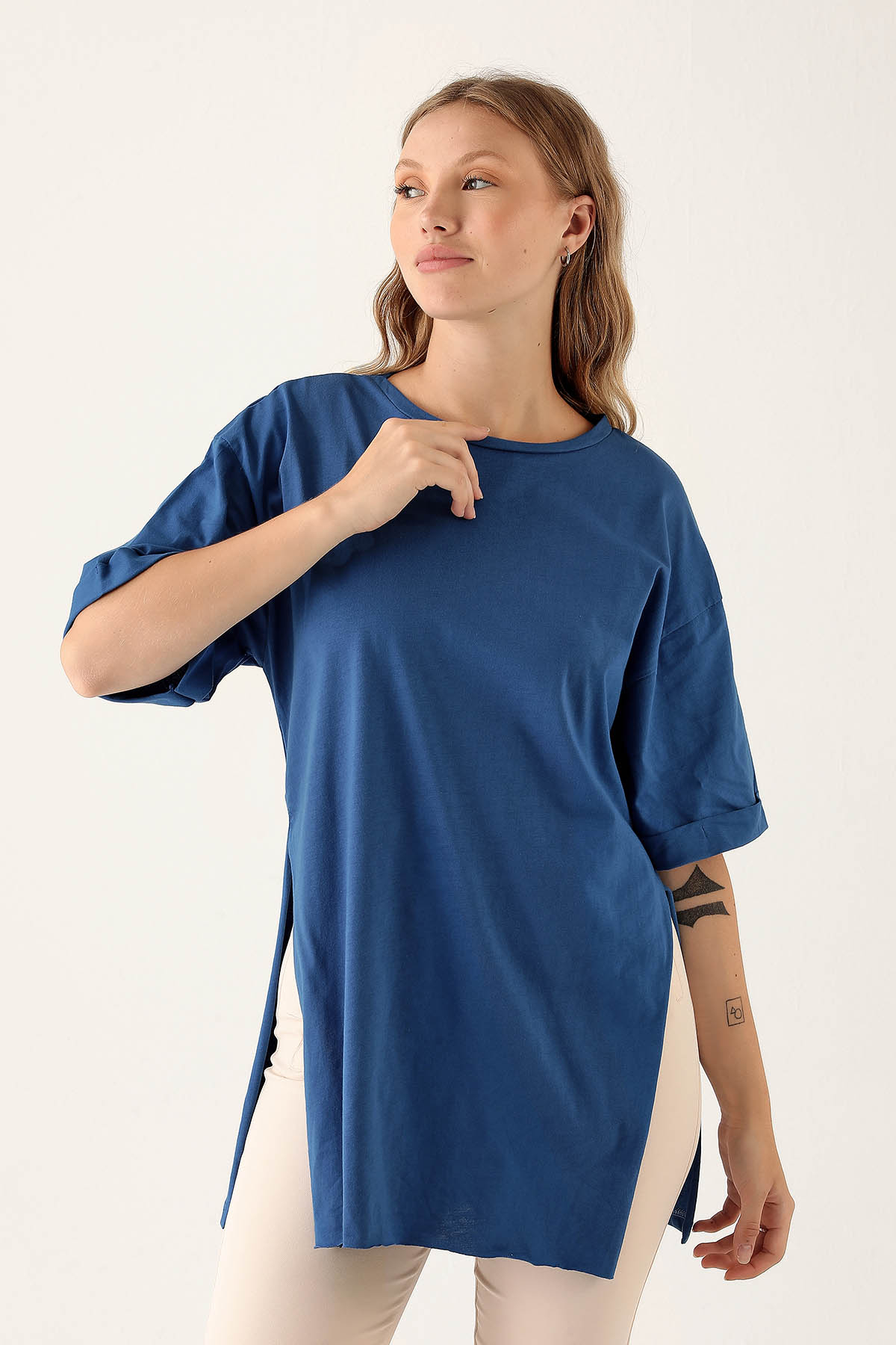 Saks Yan Yırtmaç Dubble Kol Tişört 9000M - 2