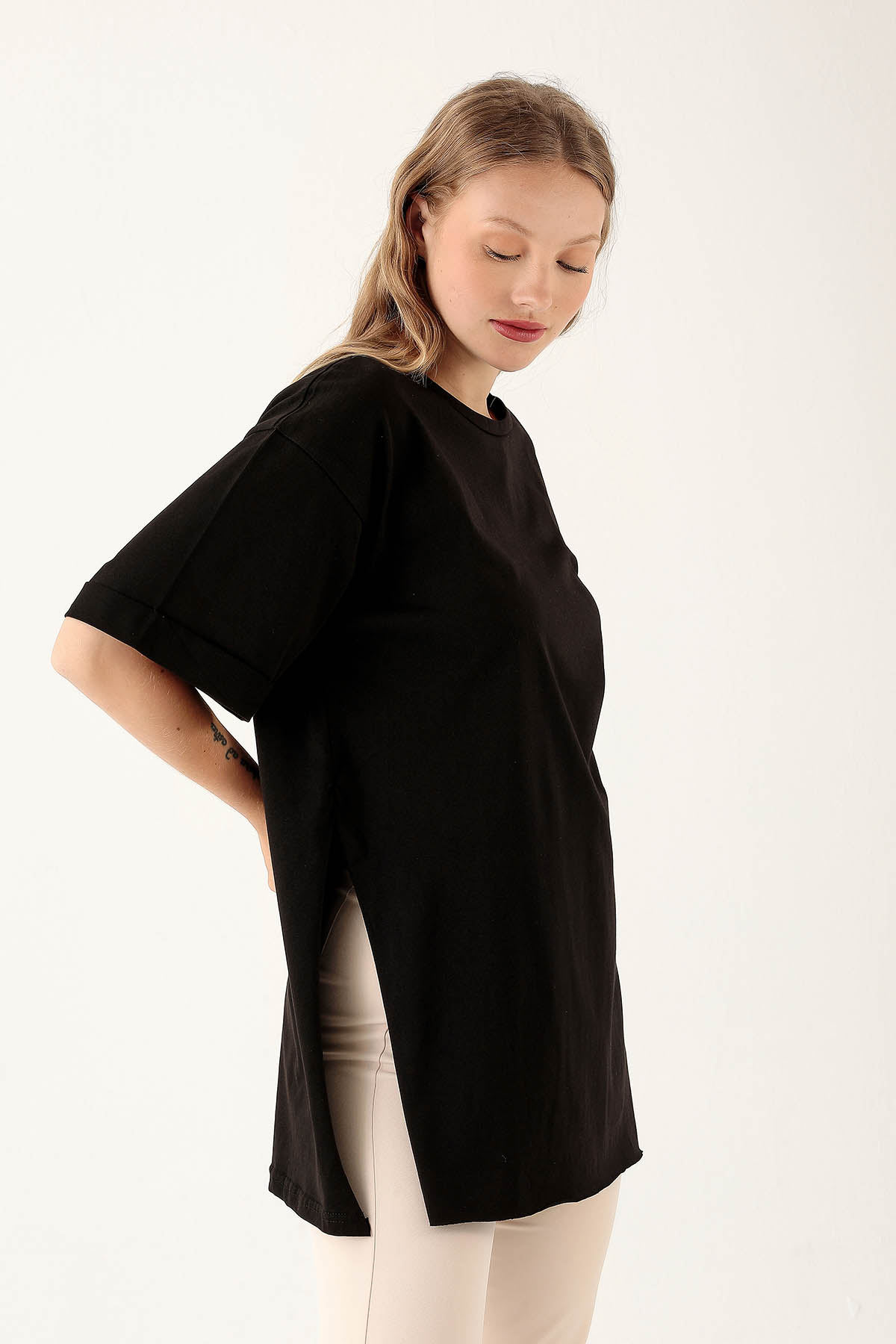 9000M Yan Yırtmaç Dubble Kol Tişört Siyah - 2