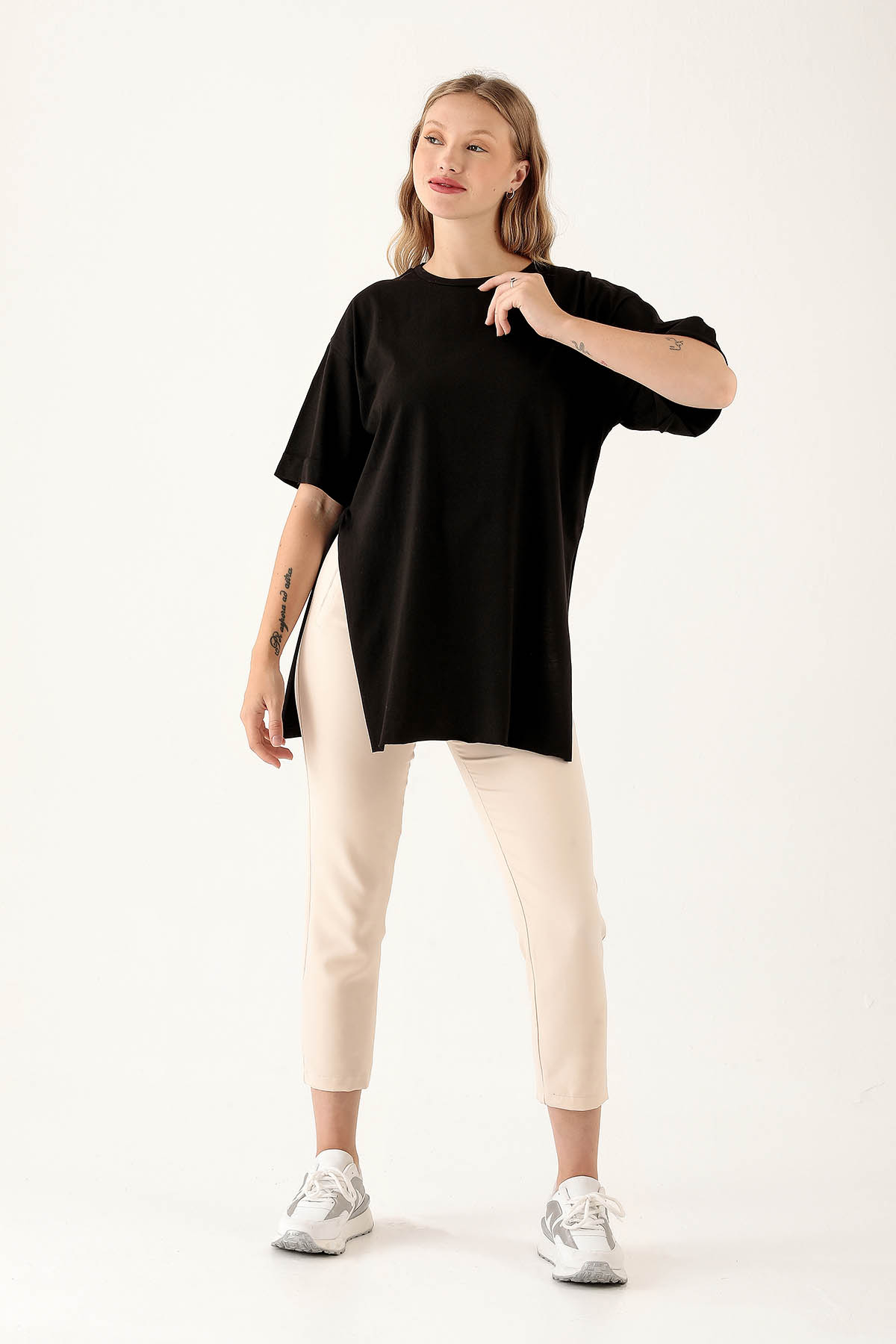 9000M Yan Yırtmaç Dubble Kol Tişört Siyah - 4