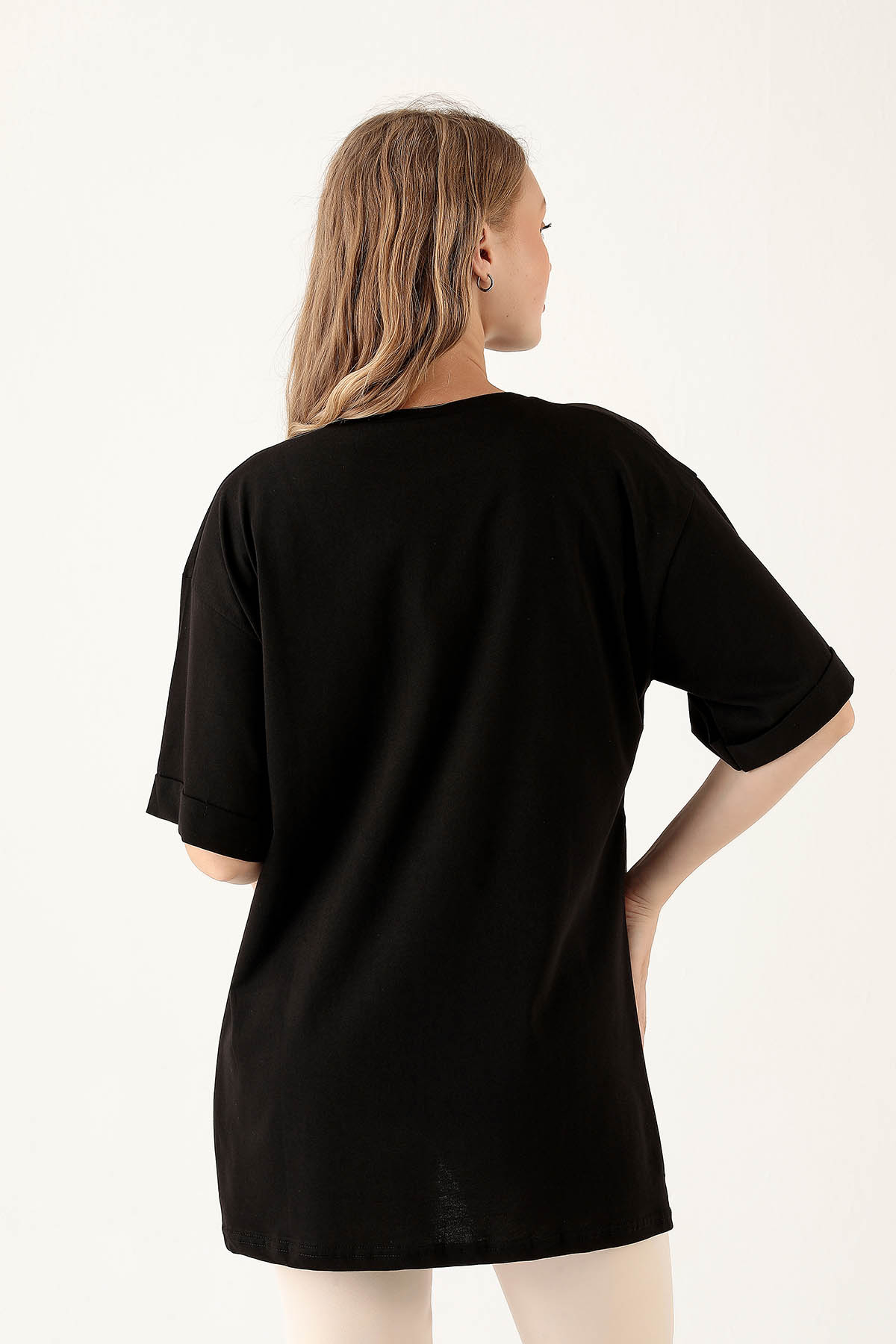 9000M Yan Yırtmaç Dubble Kol Tişört Siyah - 5