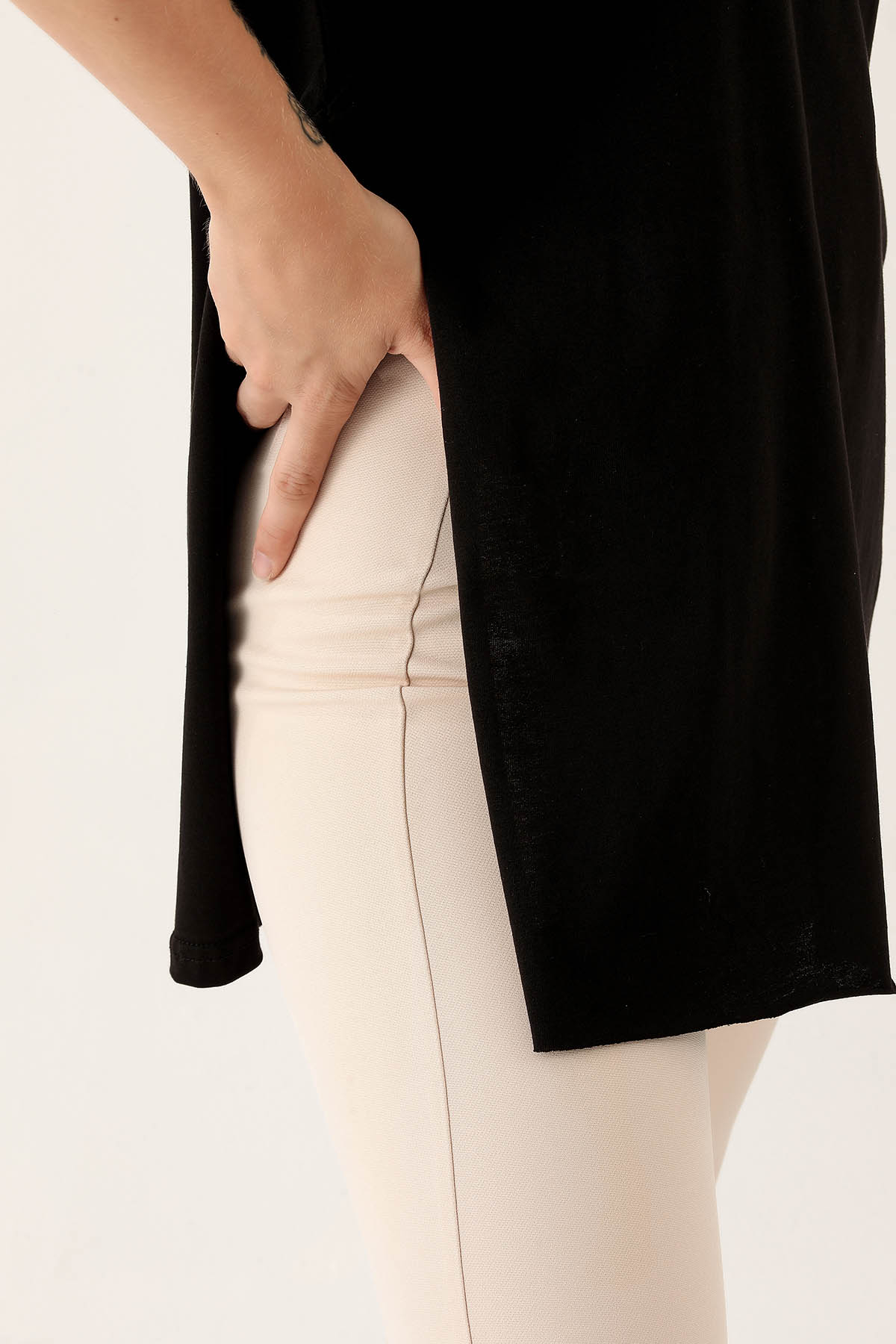 9000M Yan Yırtmaç Dubble Kol Tişört Siyah - 6