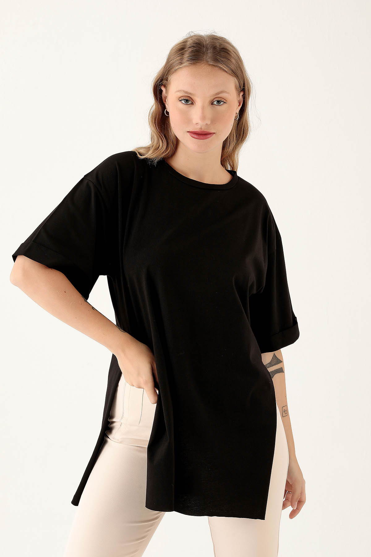 Siyah Yan Yırtmaç Dubble Kol Tişört 9000M - 1