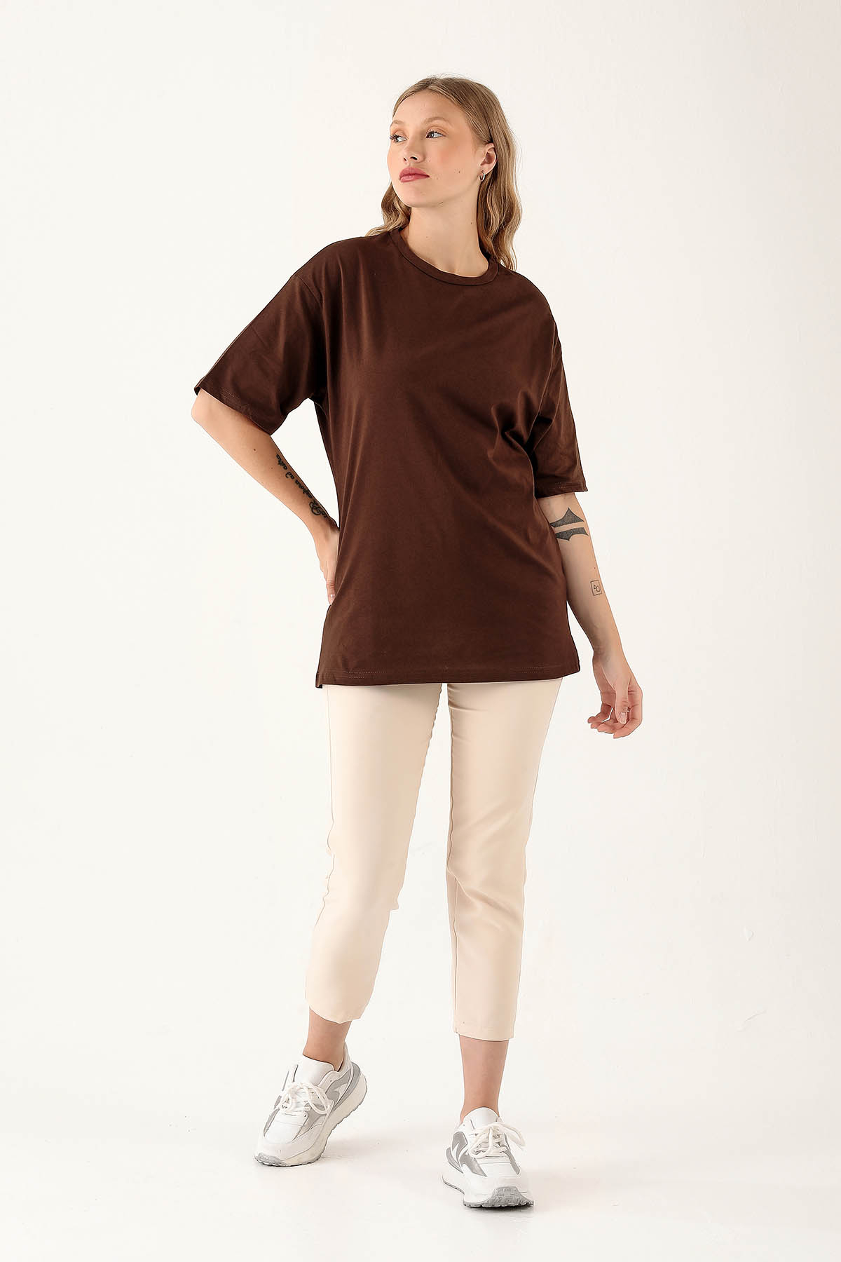 Acı Kahve Bisiklet Yaka Oversize Tişört 9001M - 4