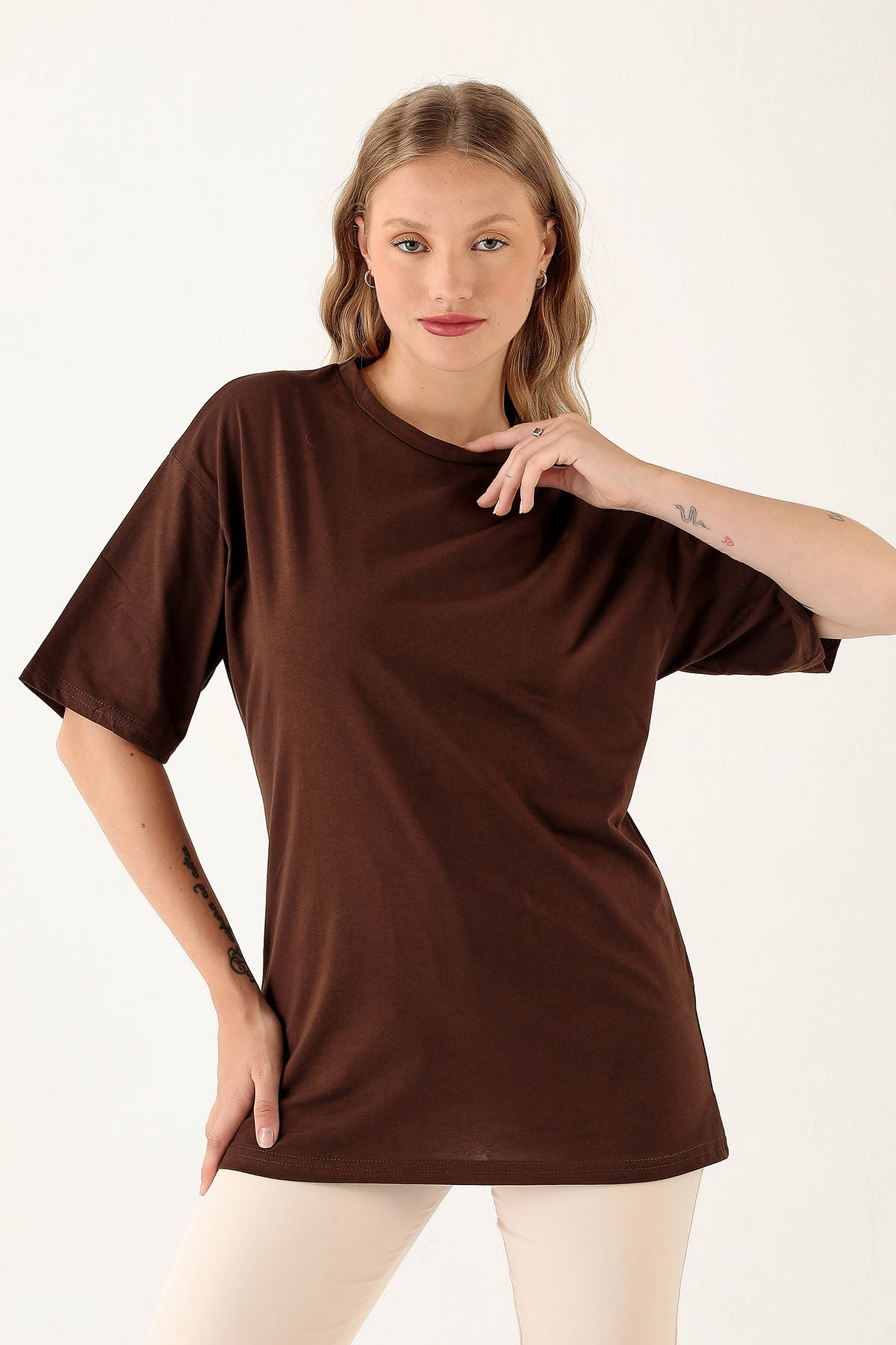 Acı Kahve Bisiklet Yaka Oversize Tişört 9001M - 1