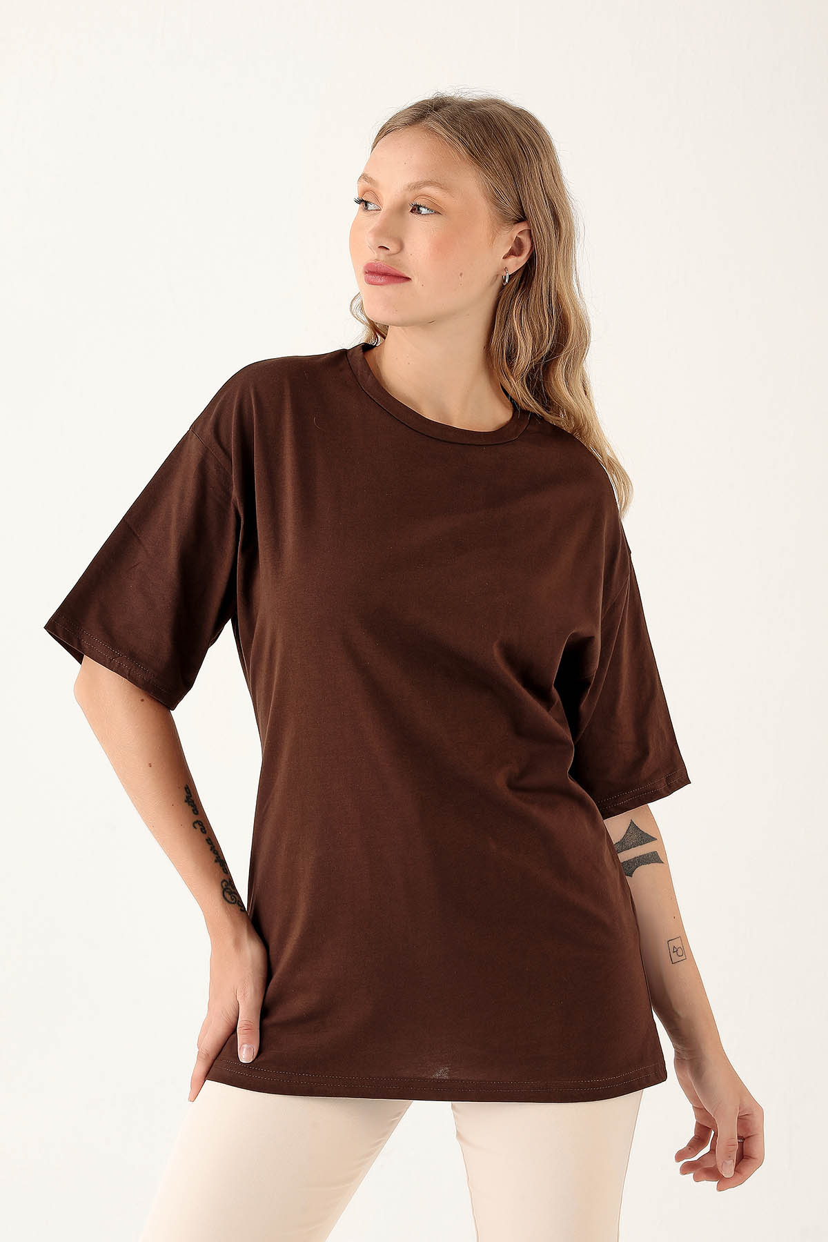 Acı Kahve Bisiklet Yaka Oversize Tişört 9001M - 2