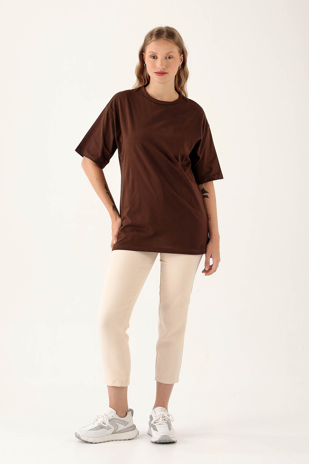 Acı Kahve Bisiklet Yaka Oversize Tişört 9001M - 3