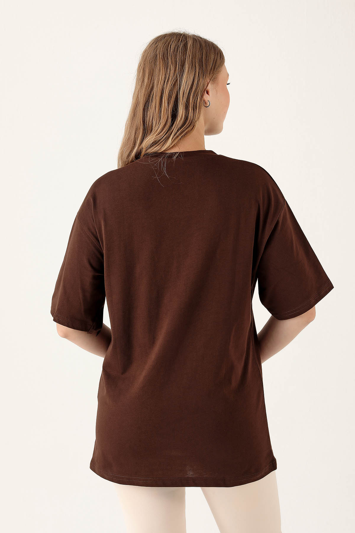 Acı Kahve Bisiklet Yaka Oversize Tişört 9001M - 5