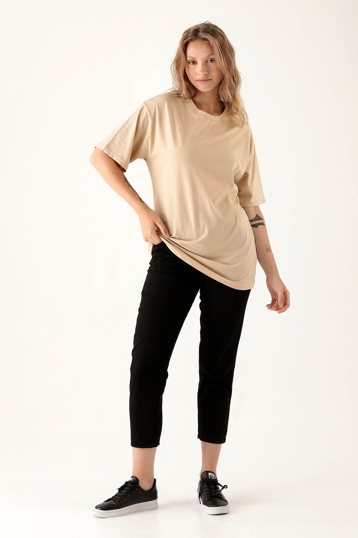9001M Bisiklet Yaka Oversize Tişört Bej - 4