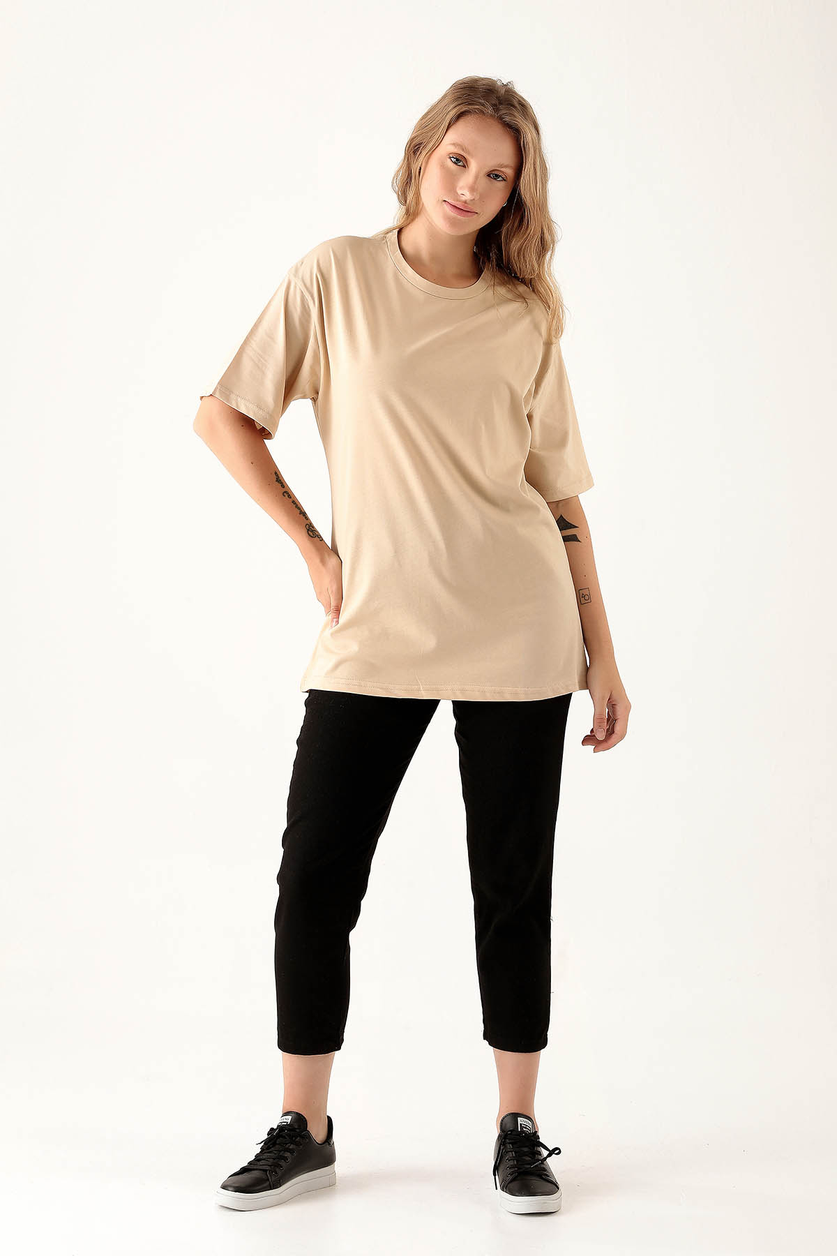 Bej Bisiklet Yaka Oversize Tişört 9001M - 3