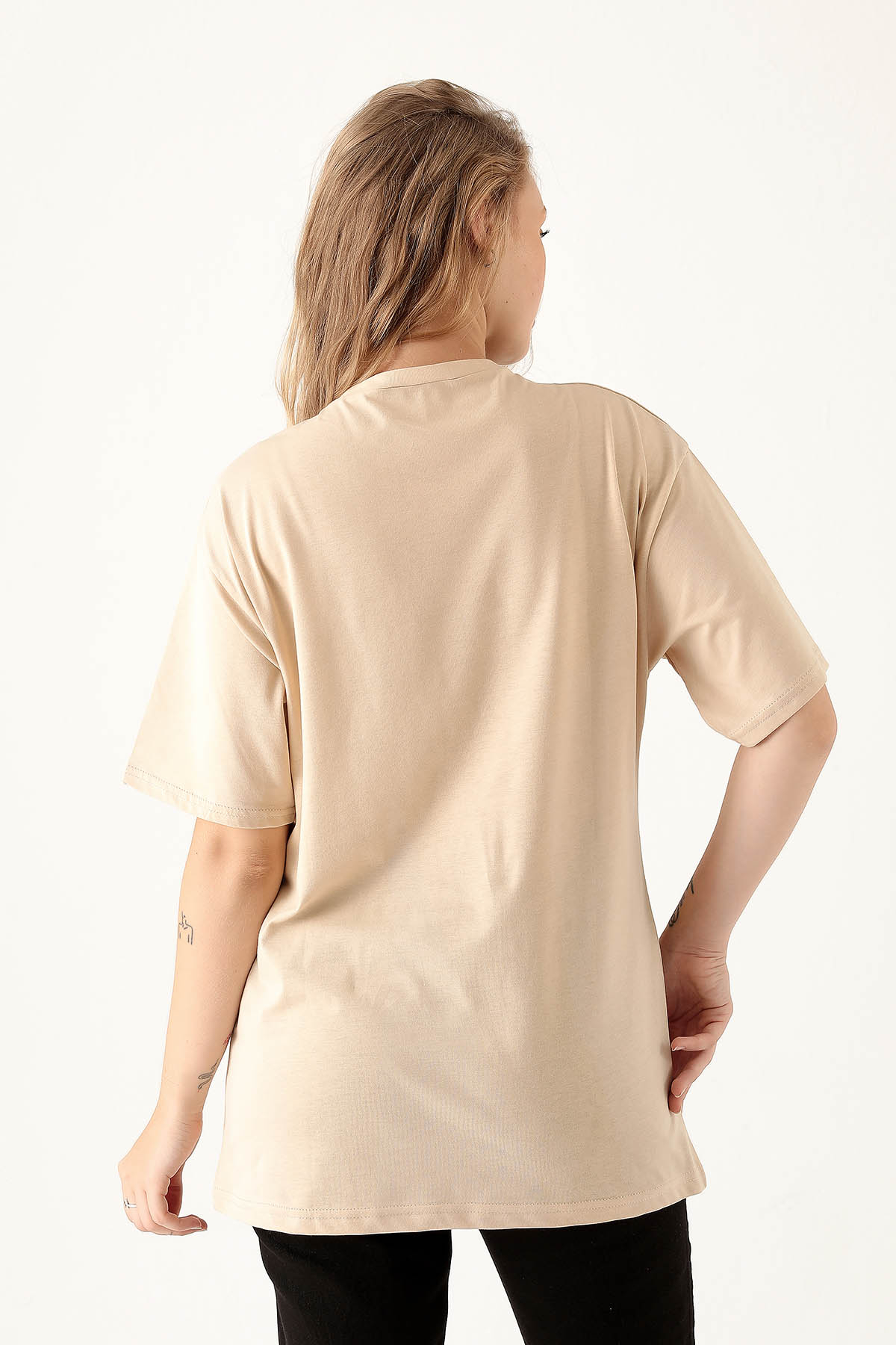 Bej Bisiklet Yaka Oversize Tişört 9001M - 5