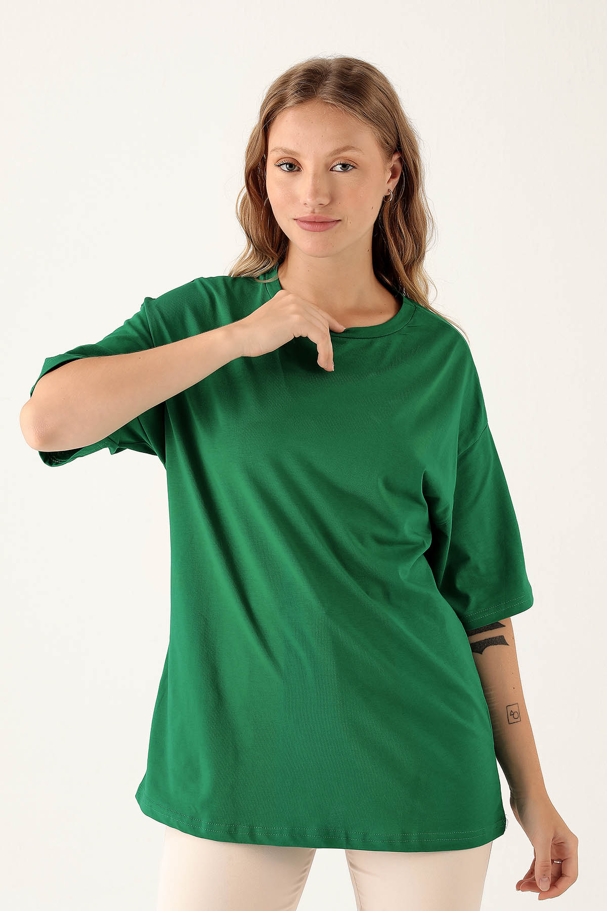 9001M Bisiklet Yaka Oversize Tişört Benetton Yeşili 