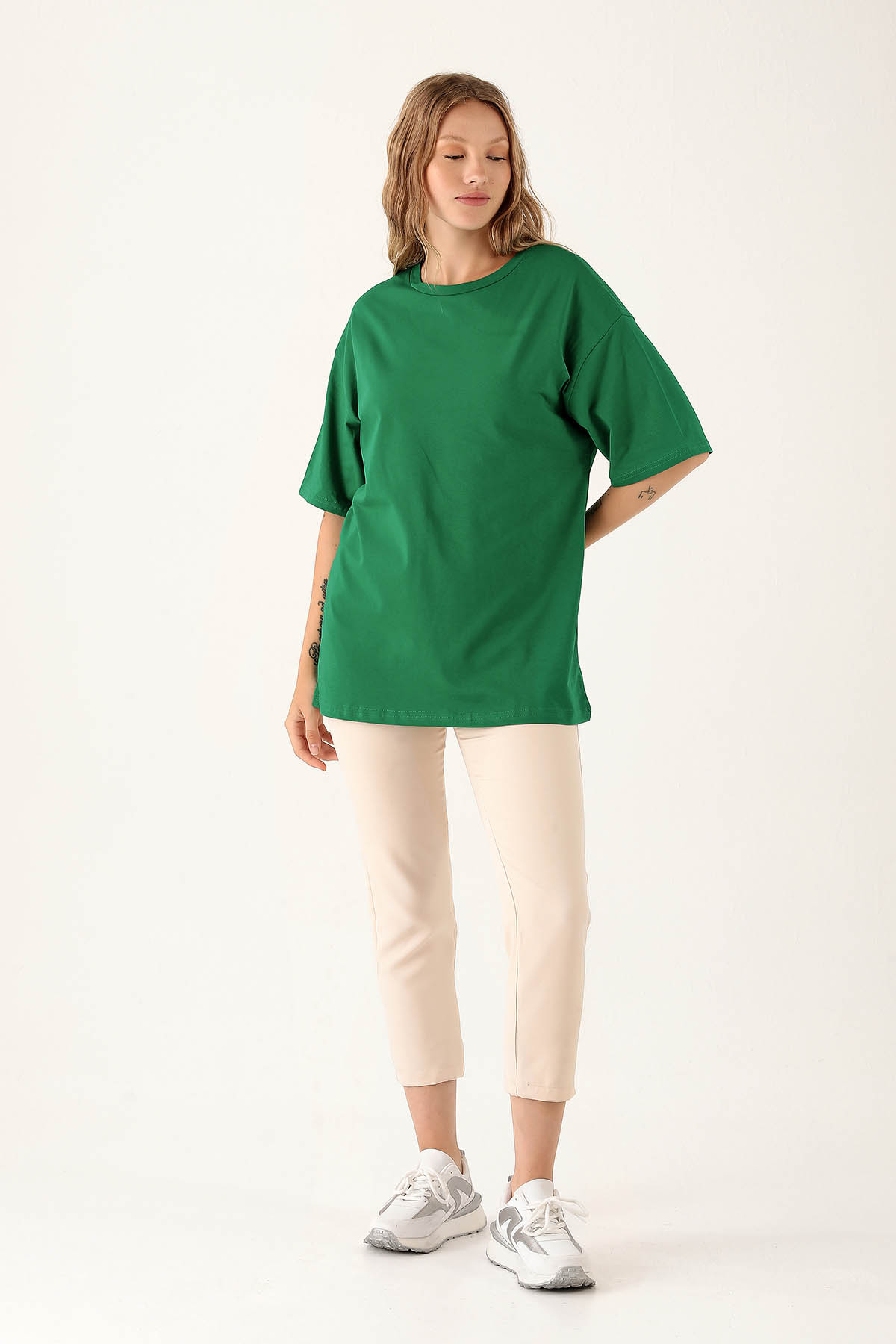 9001M Bisiklet Yaka Oversize Tişört Benetton Yeşili - 3