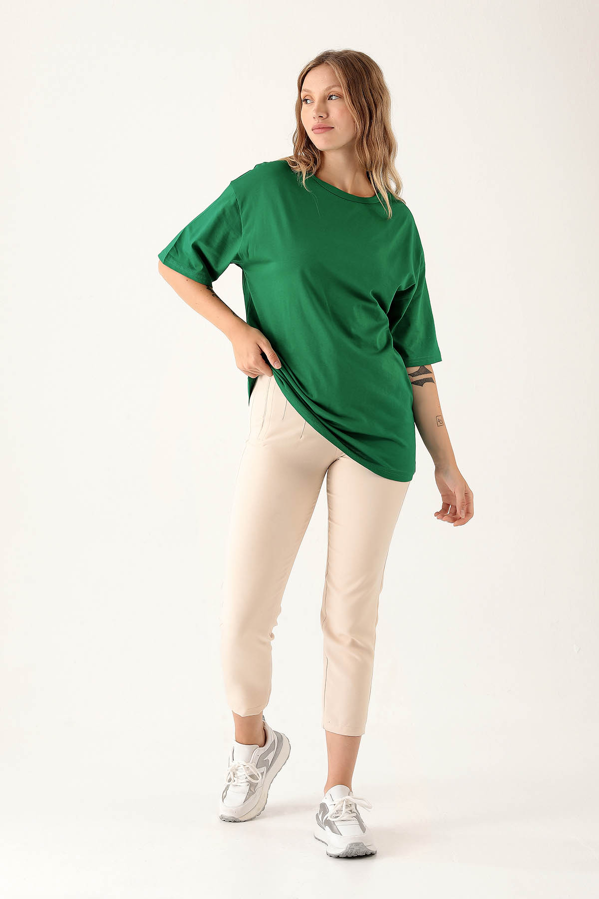 9001M Bisiklet Yaka Oversize Tişört Benetton Yeşili - 4