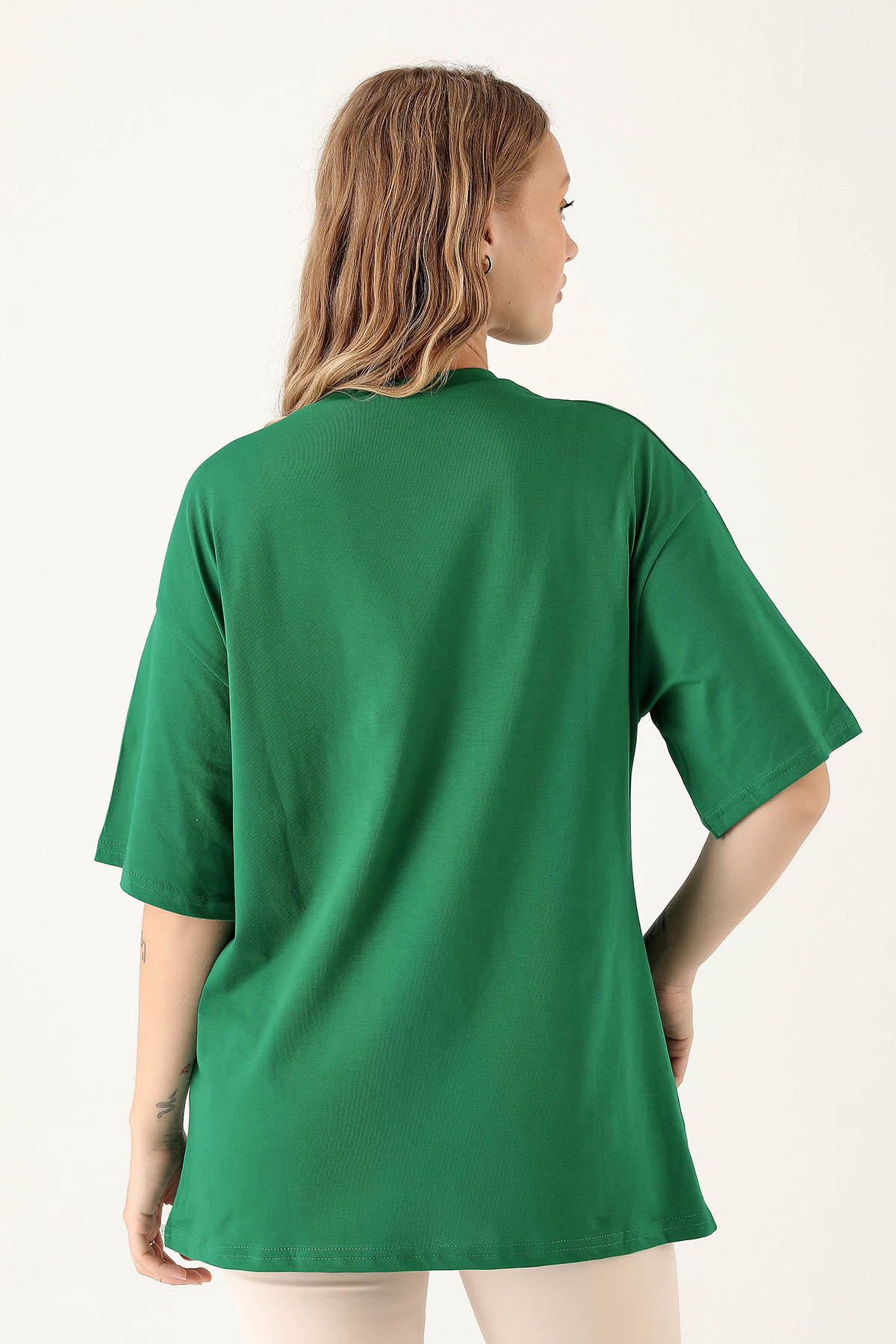 Benetton Yeşili Bisiklet Yaka Oversize Tişört 9001M - 5