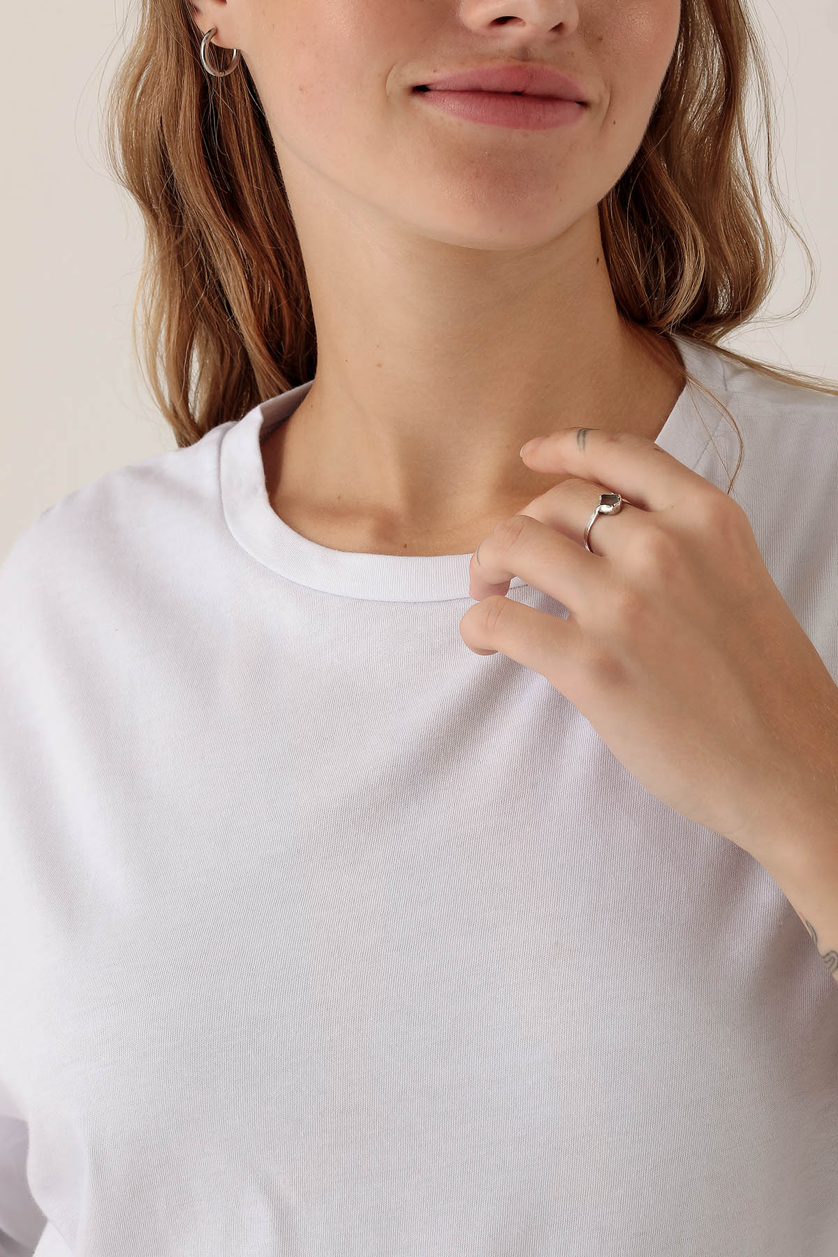 9001M Bisiklet Yaka Oversize Tişört Beyaz - 6