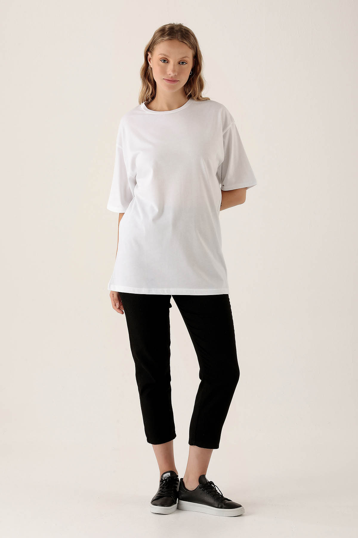 Ekru Bisiklet Yaka Oversize Tişört 9001M - 4