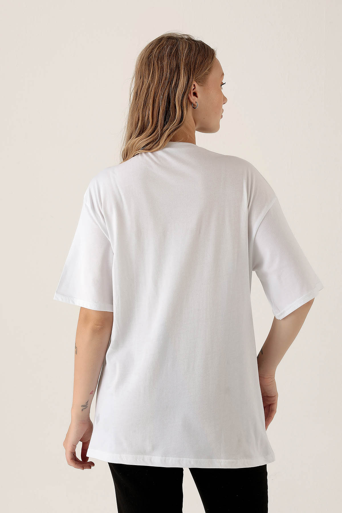 Ekru Bisiklet Yaka Oversize Tişört 9001M - 5