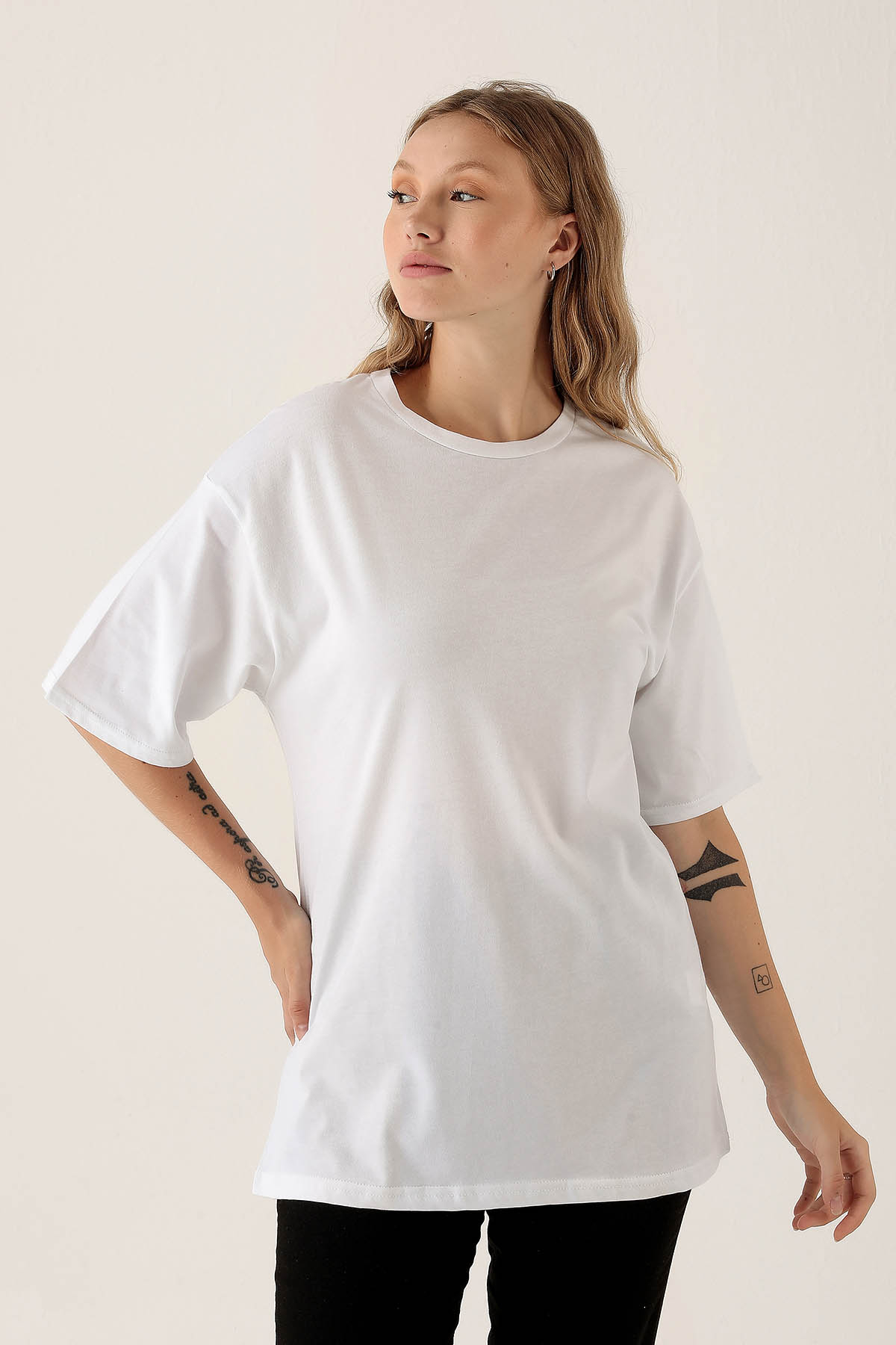 Ekru Bisiklet Yaka Oversize Tişört 9001M - 2