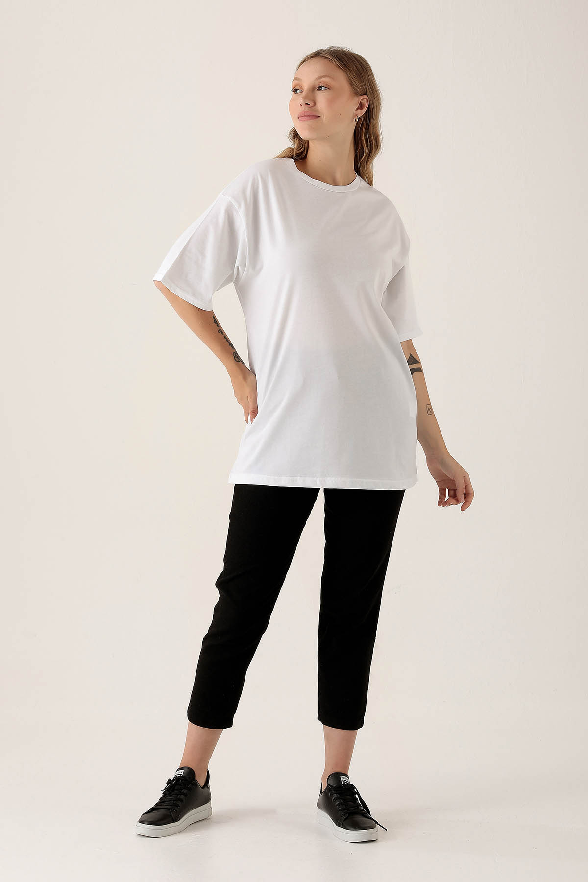 Ekru Bisiklet Yaka Oversize Tişört 9001M - 3