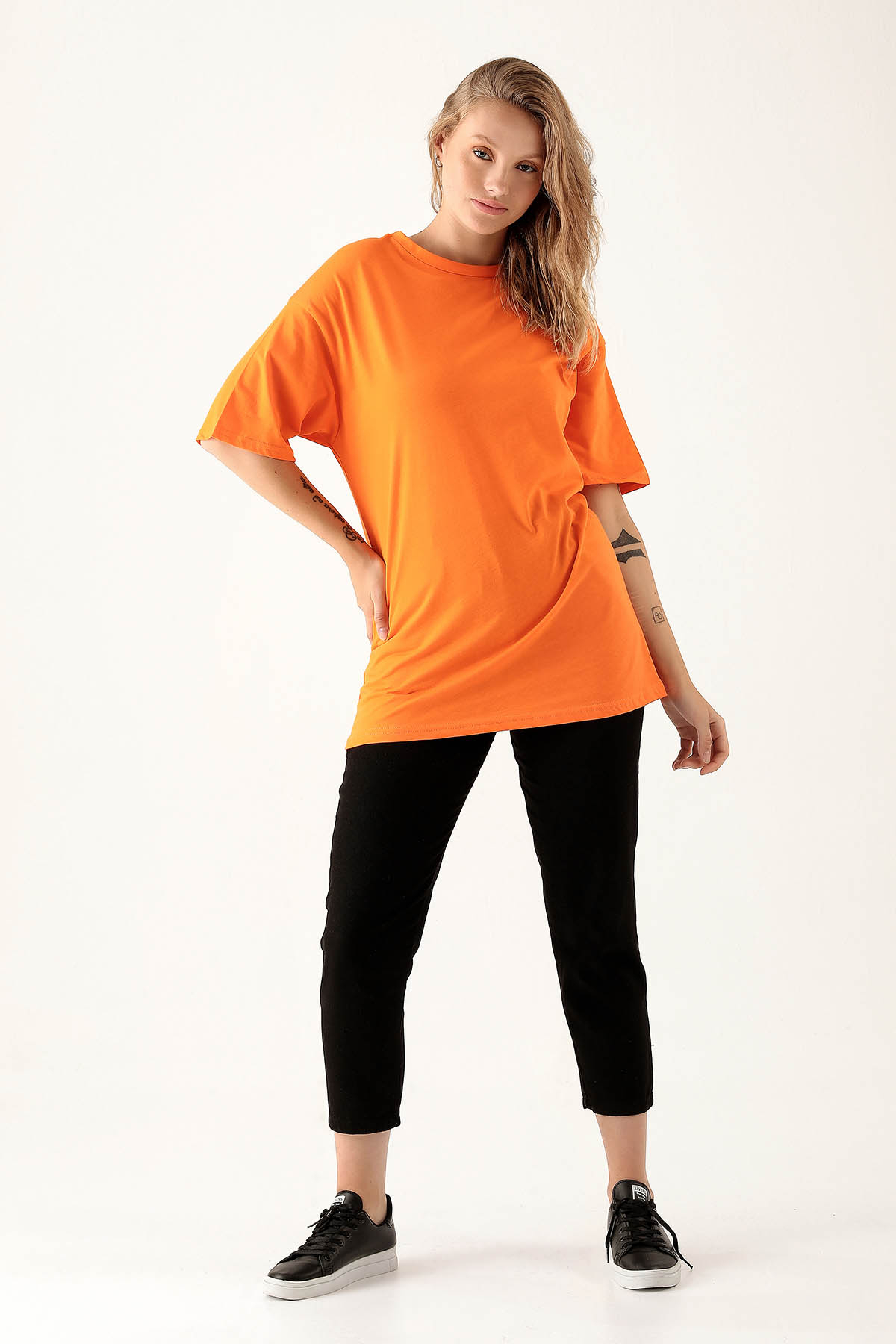 9001M Bisiklet Yaka Oversize Tişört Orange - 3