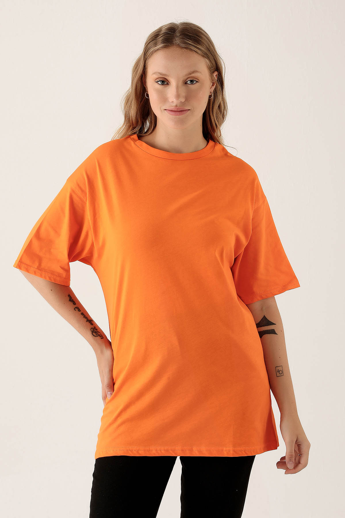 9001M Bisiklet Yaka Oversize Tişört Orange - 1