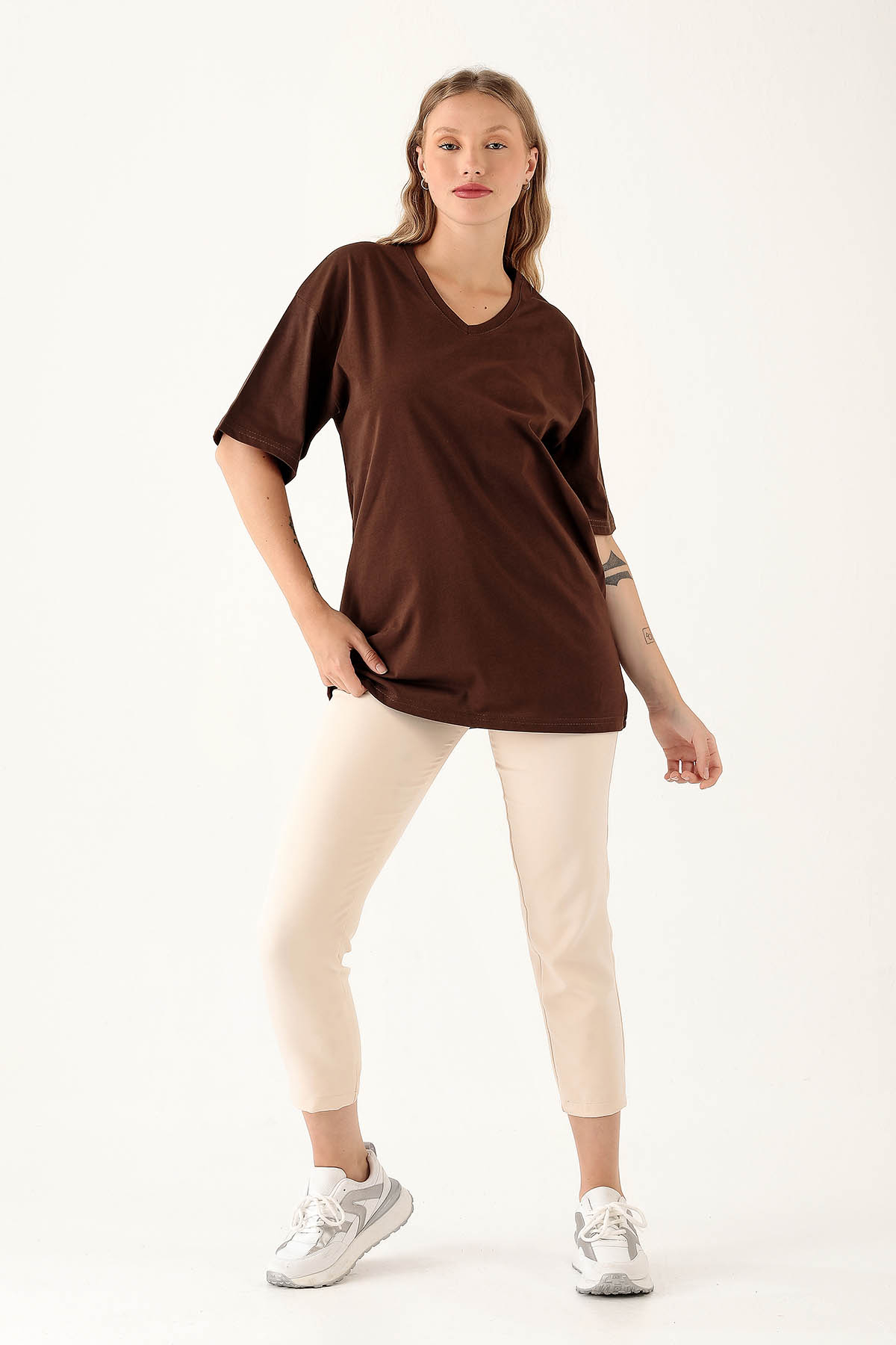 9002M V Yaka Oversize Tişört Acı Kahve - 4