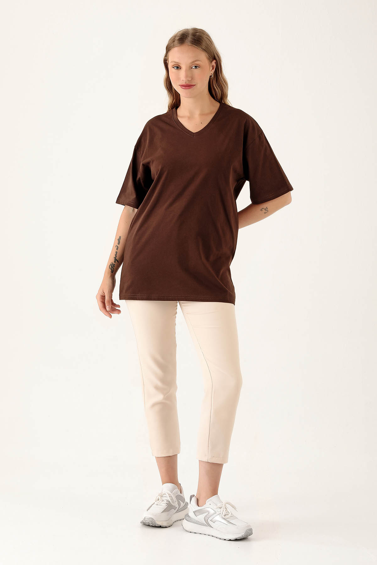 Acı Kahve V Yaka Oversize Tişört 9002M - 3