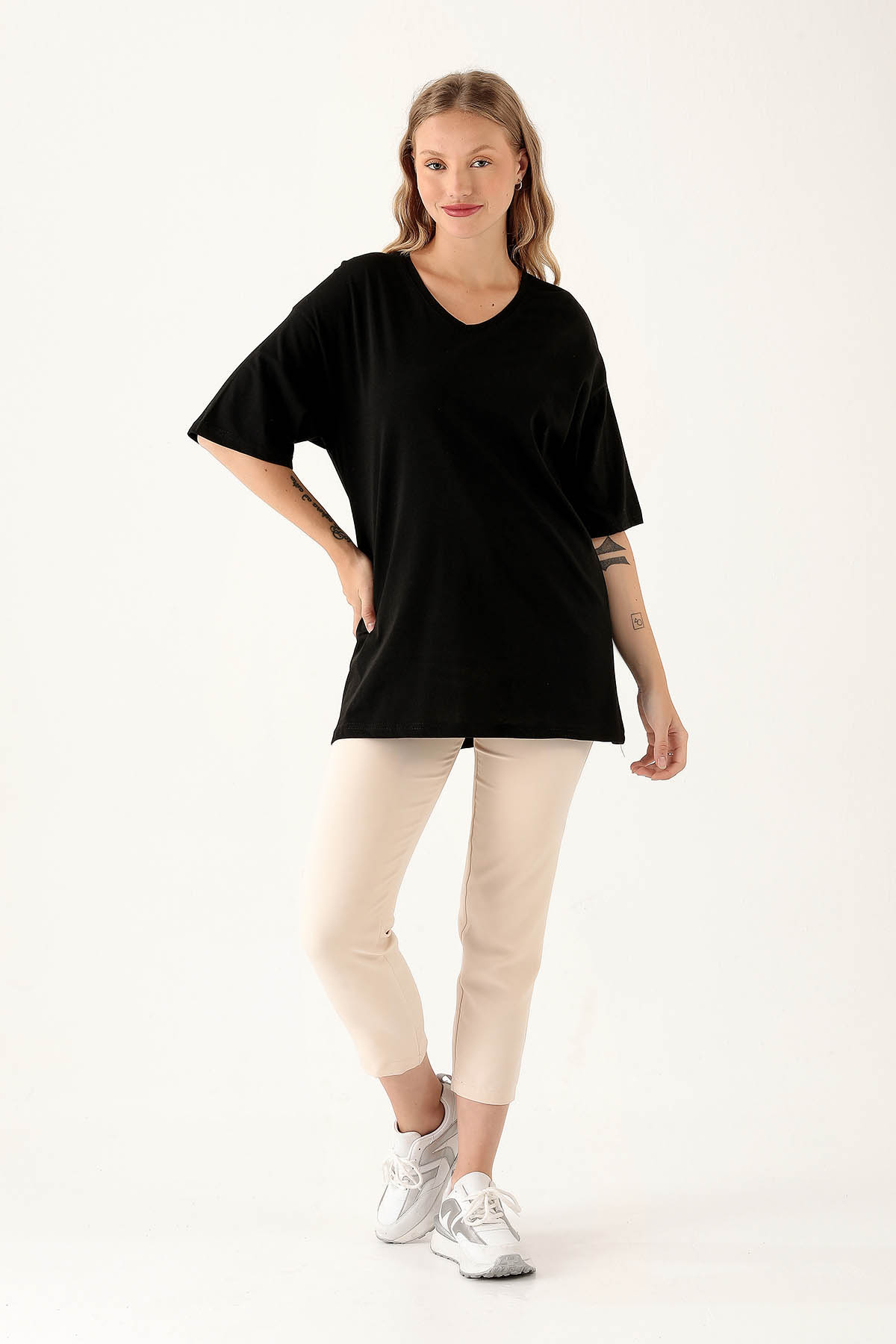 Siyah V Yaka Oversize Tişört 9002M - 3