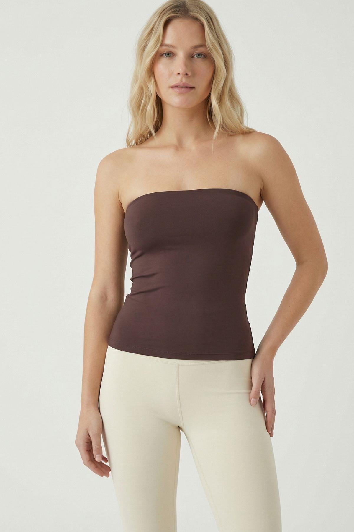 Kahve Yırtmaçlı Straplez Bluz 9008 - 2