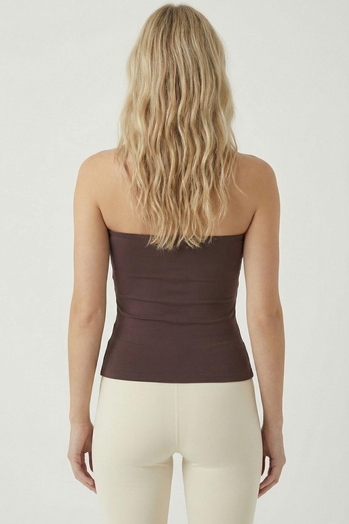 Kahve Yırtmaçlı Straplez Bluz 9008 - 3