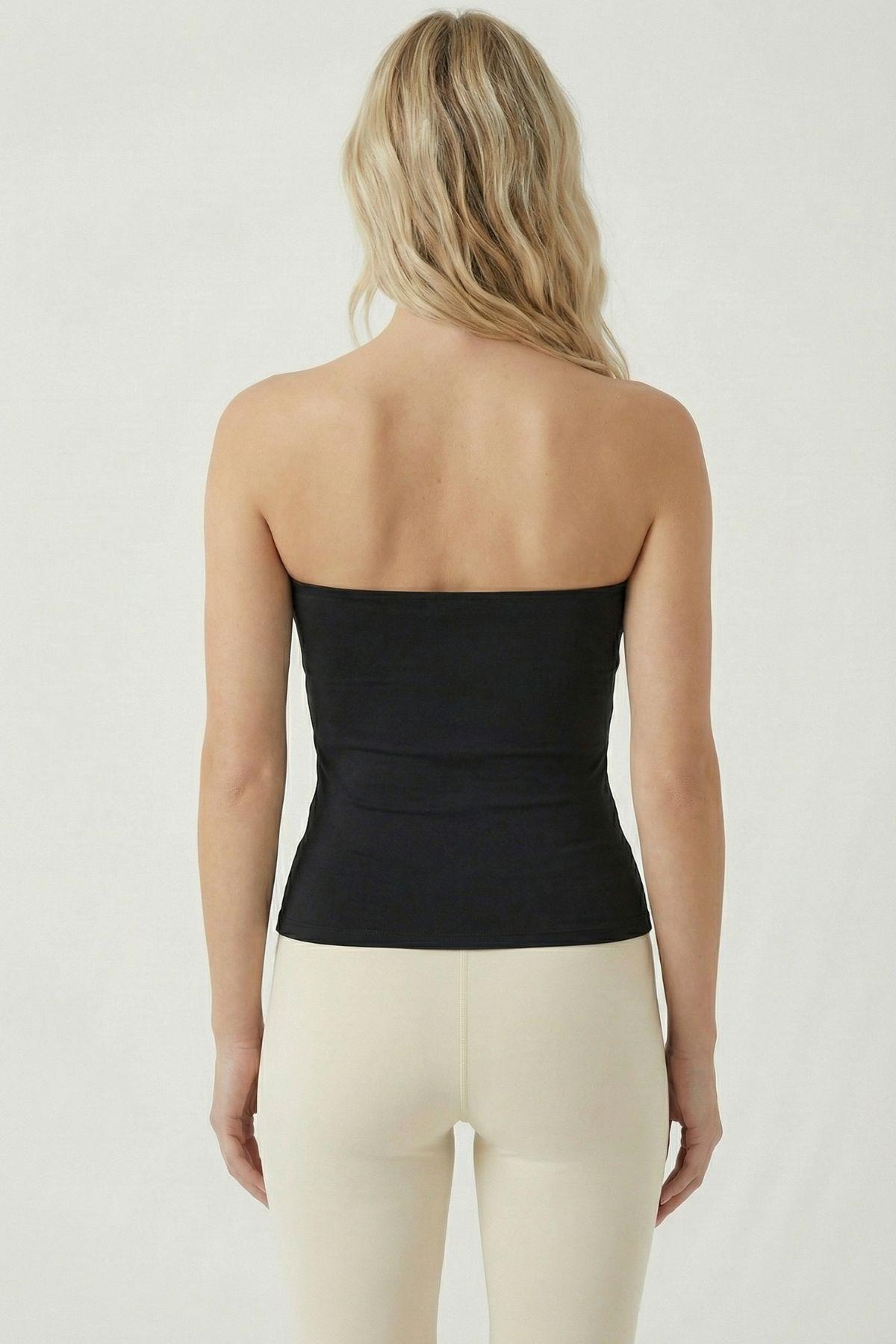 9008 Yırtmaçlı Straplez Bluz Siyah - RAYS