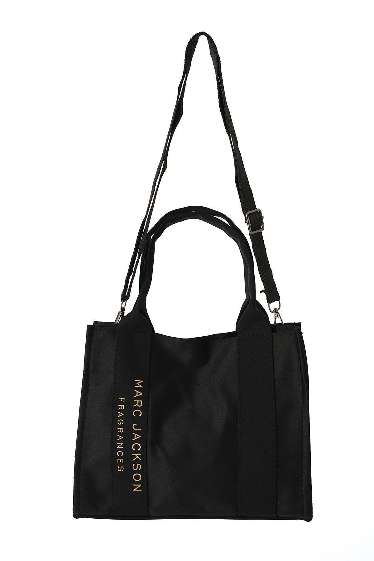 Siyah Kumaş Şerit Yazılı Çanta 9009 