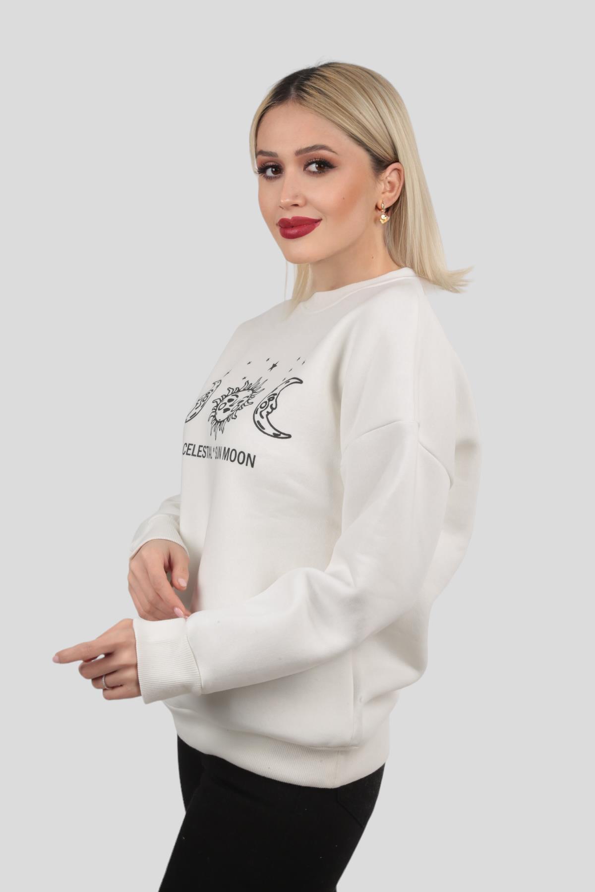 Ekru Sun Moon Baskı Sweat 9016M - 4