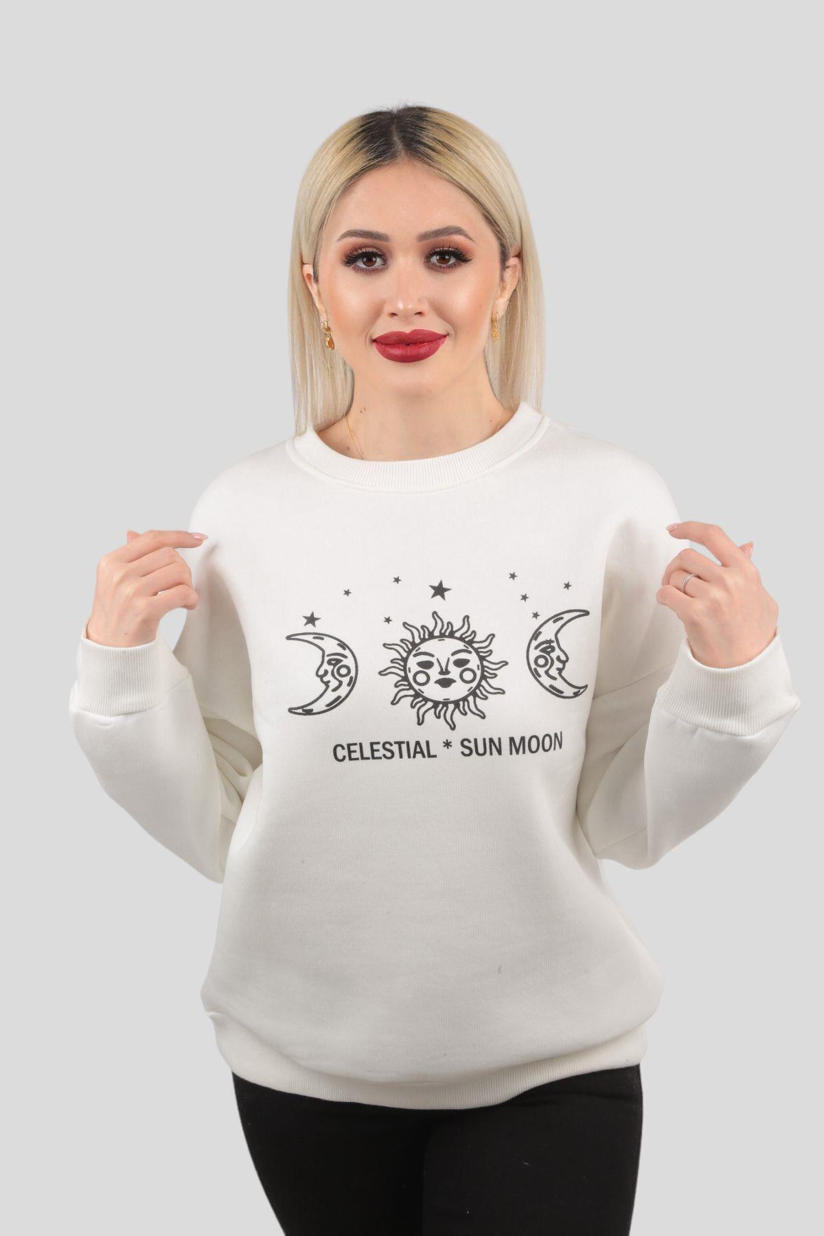 Ekru Sun Moon Baskı Sweat 9016M - 2